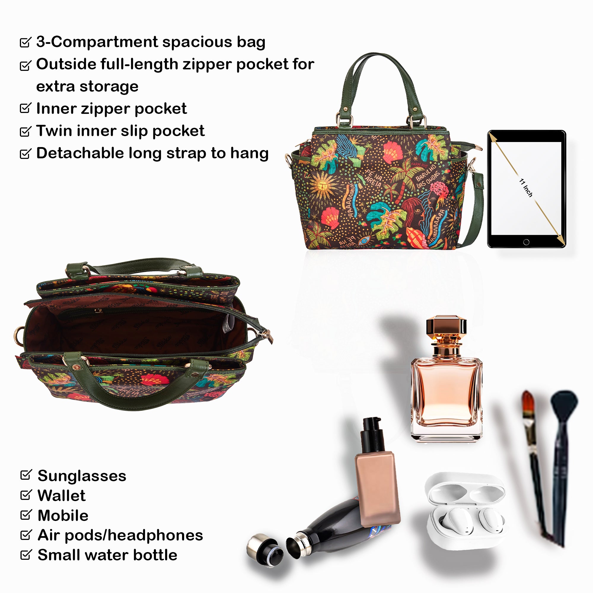 Satchel Bag with Coastal Print and Leather Outer Trim