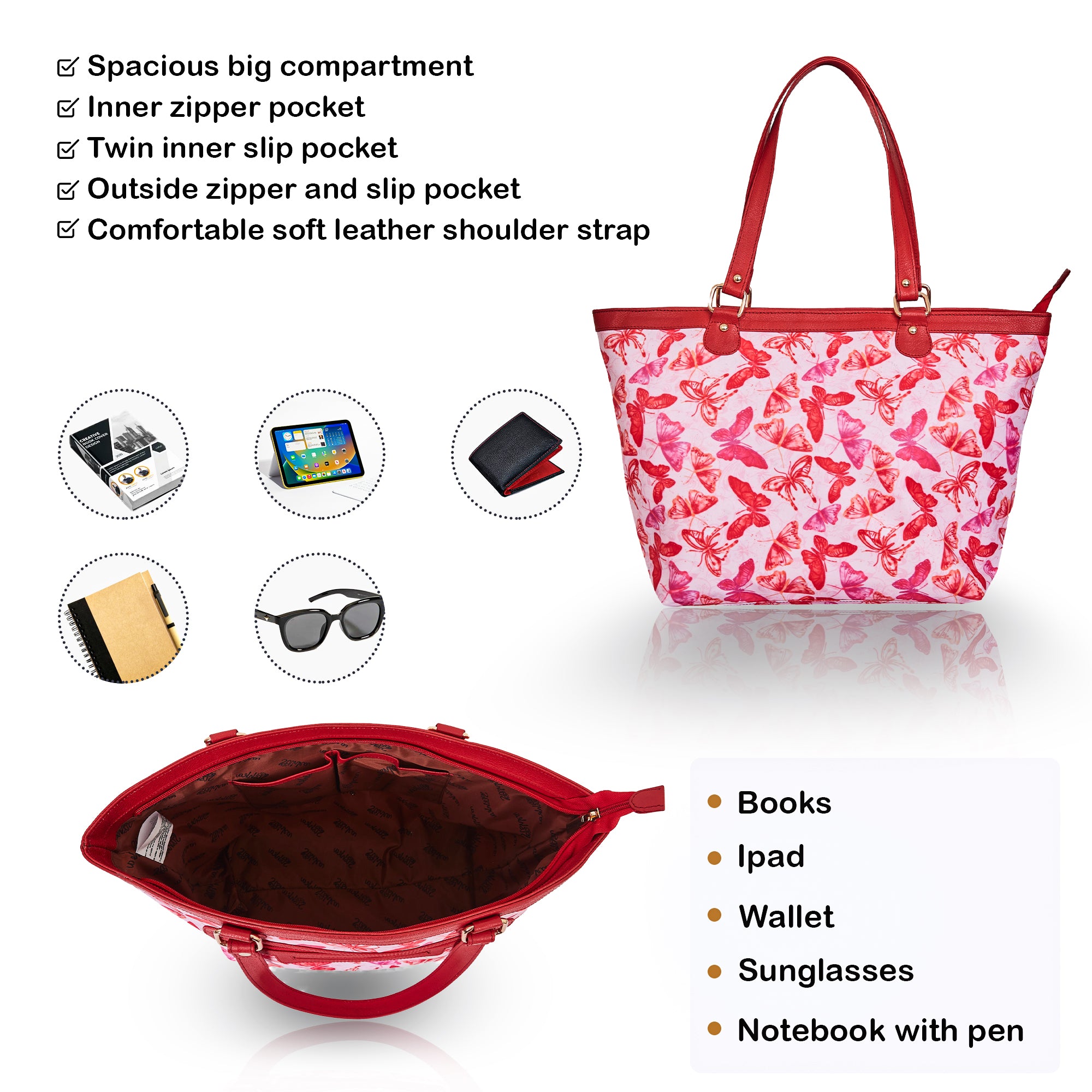 Ladies Butterfly Print Tote bag with Leather Trim and Zip Closure