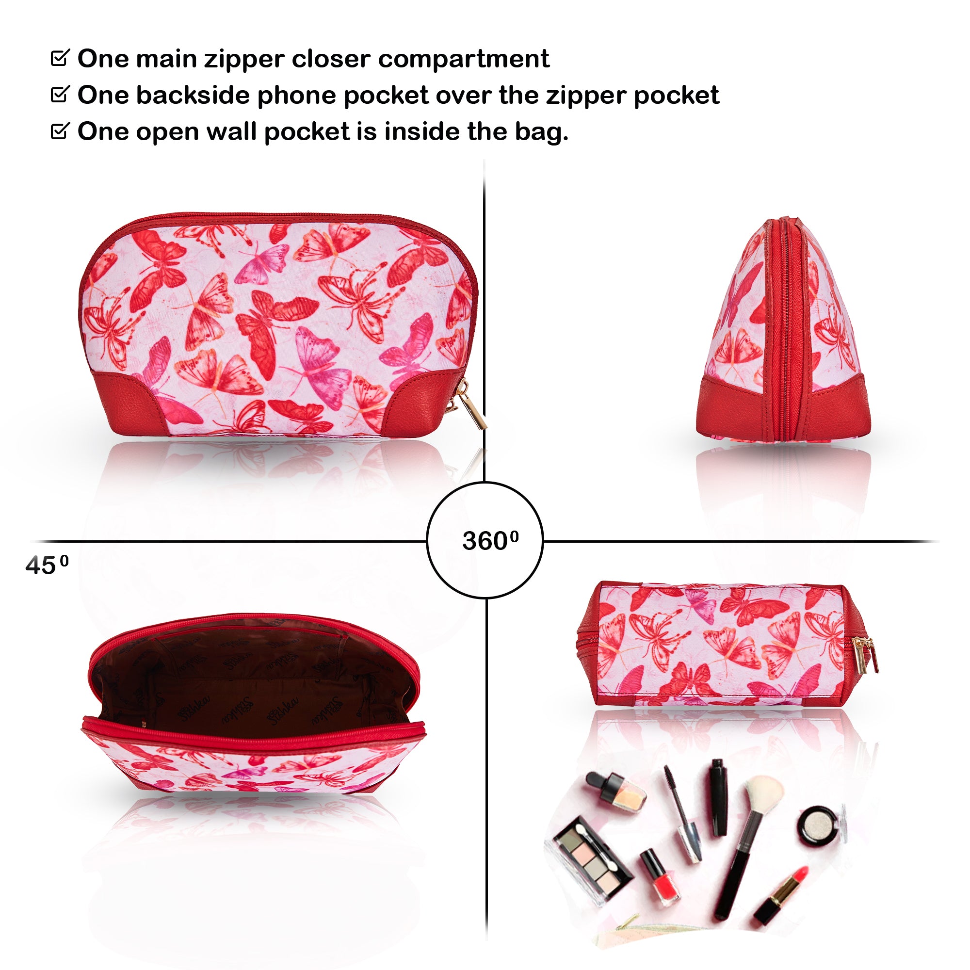 Elegant Butterfly print Cosmetic Bag with Leather Trim – Perfect for Women