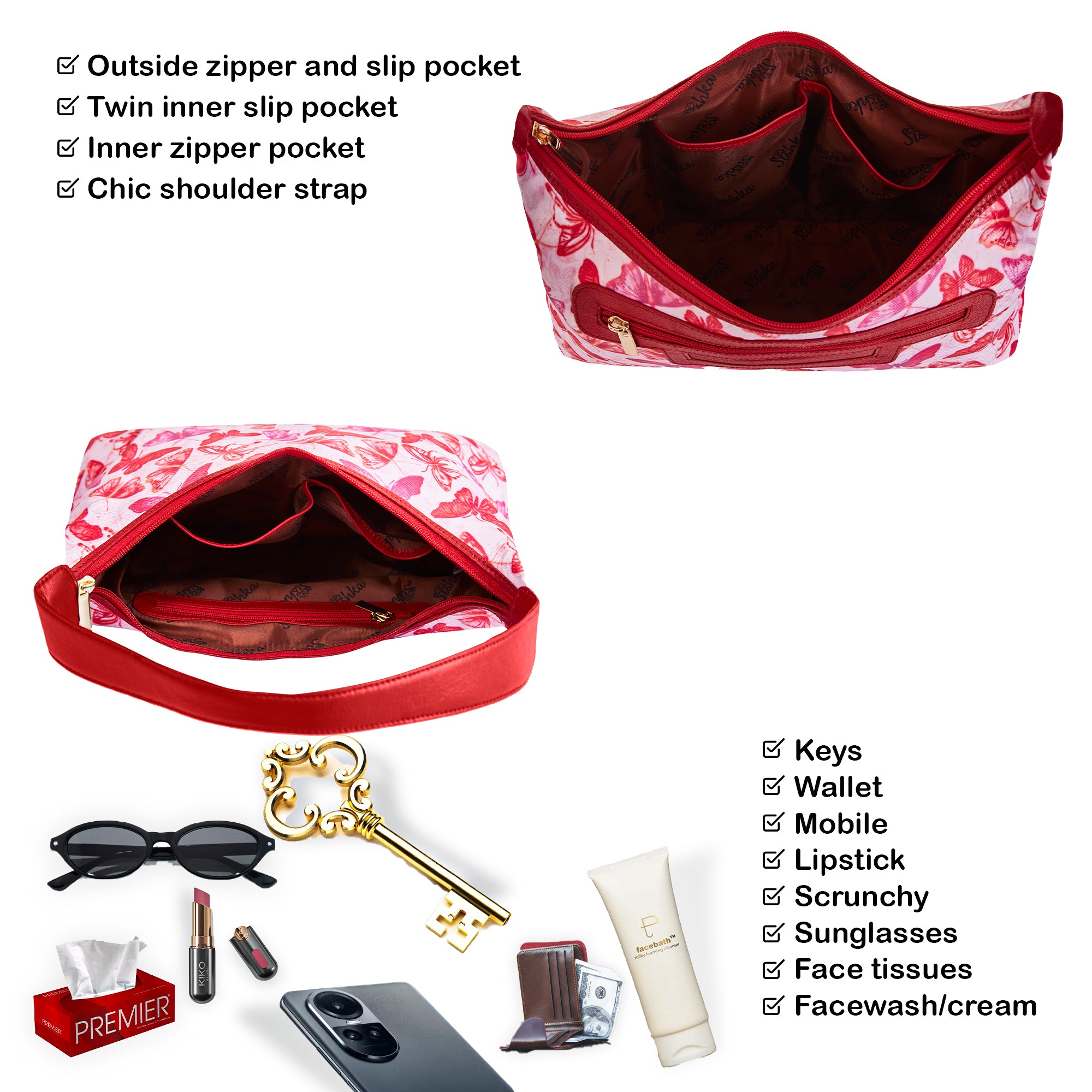 Flying Butterfly Print Sling Leather-Trimmed Hobo Bag