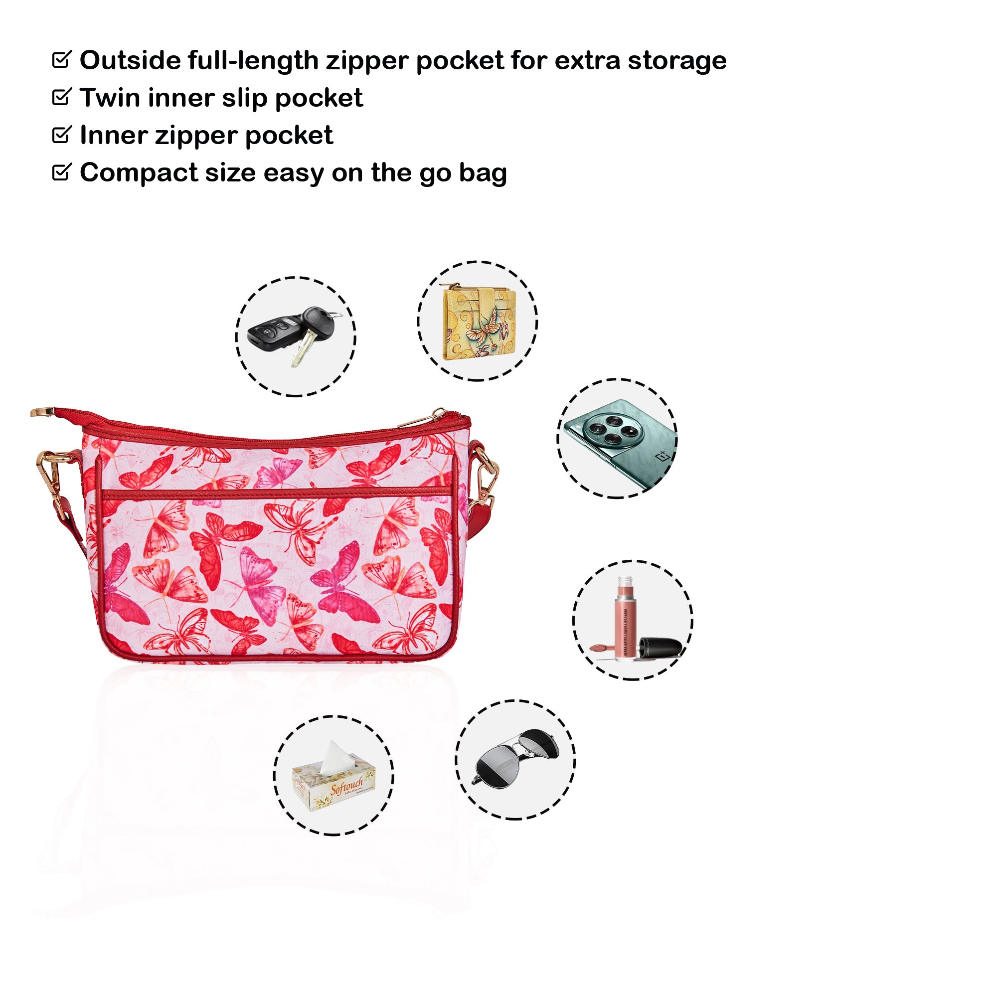 Butterfly East/West Women's Hobo bag with Adjustable Strap and Leather Trim