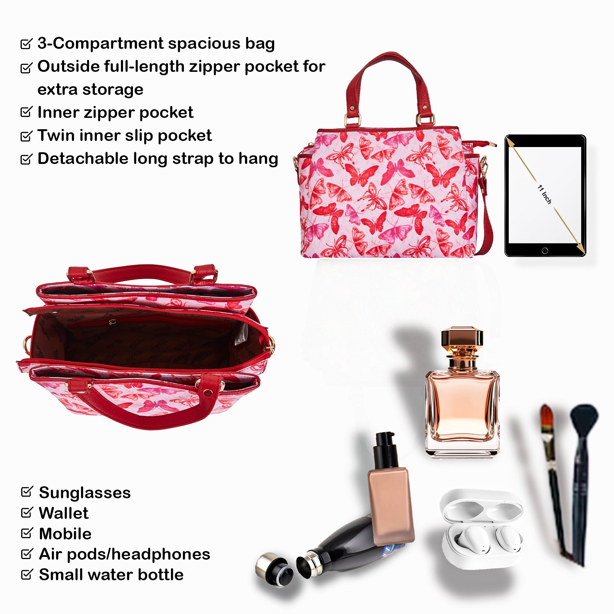 Women's Satchel Bag with Butterfly Wings Print and Geniune Leather Details