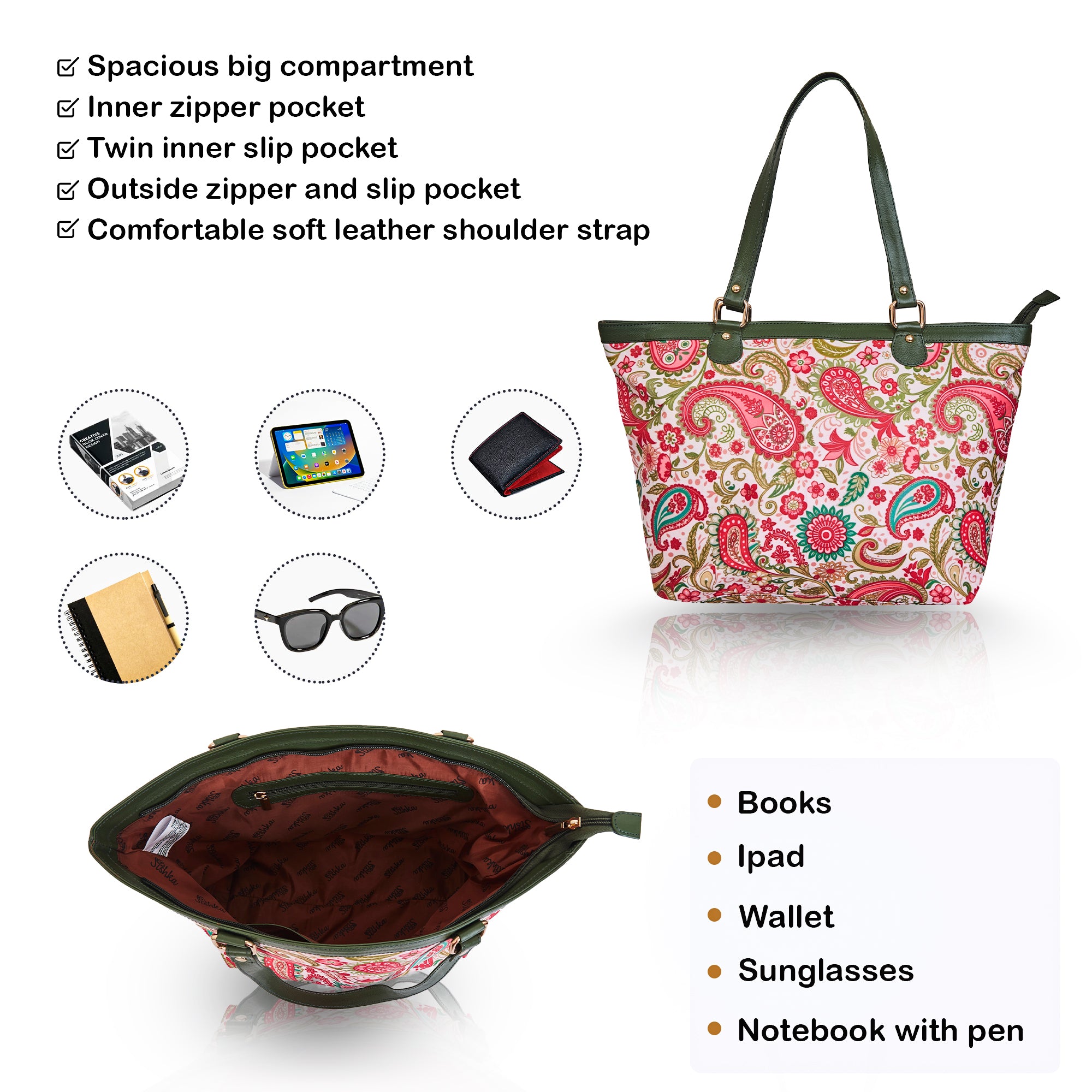 Paisley Print Leather Trim and Zip Closure – Tote Bag