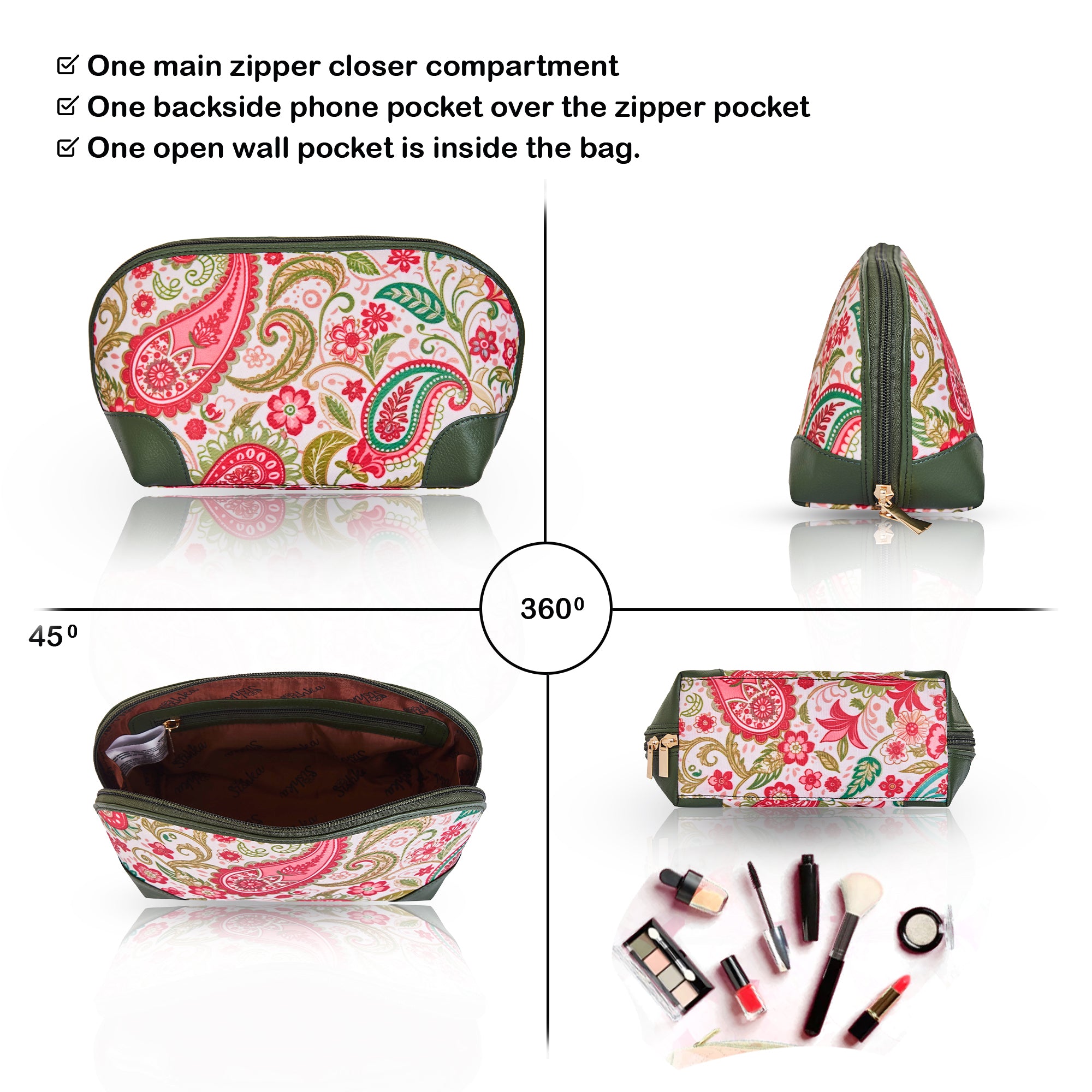 Paisley Pattern Cosmetic Bag with Luxurious Leather Details for Women