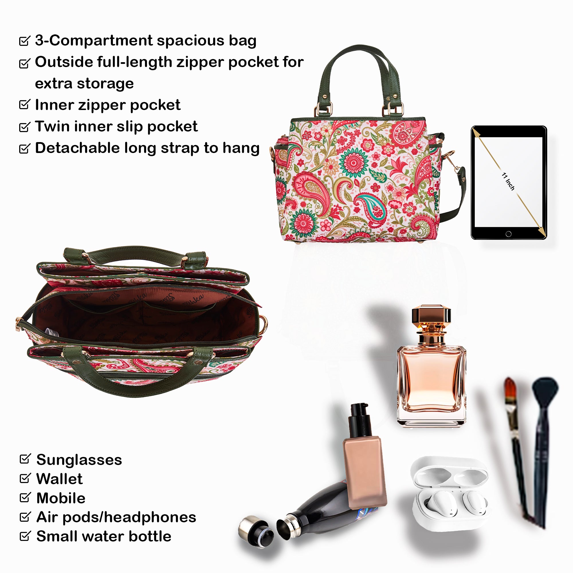 Paisley Print Multi-Compartment Satchel bag for Women with Leather Details