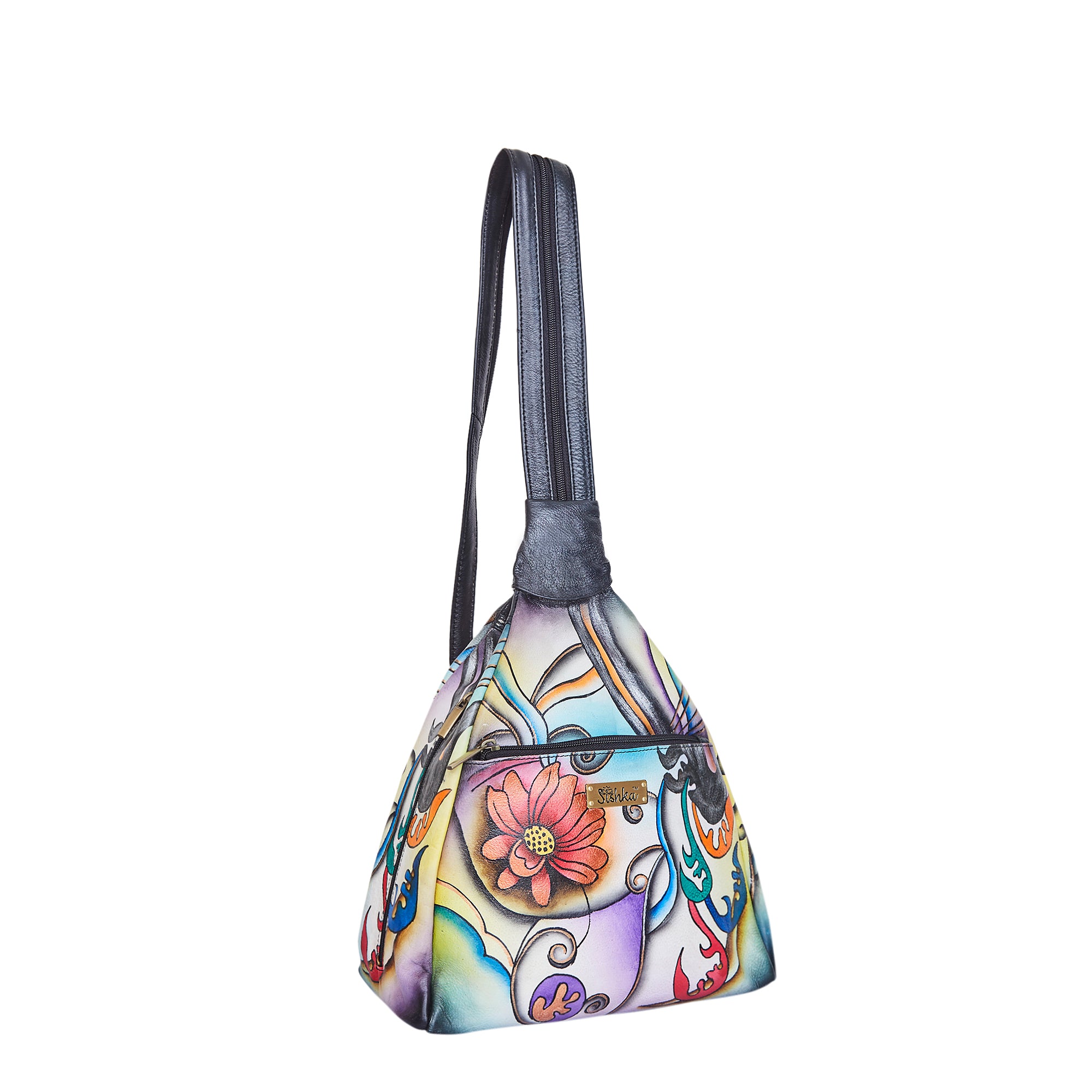Convertible leather backpack with a hand-painted floral motif