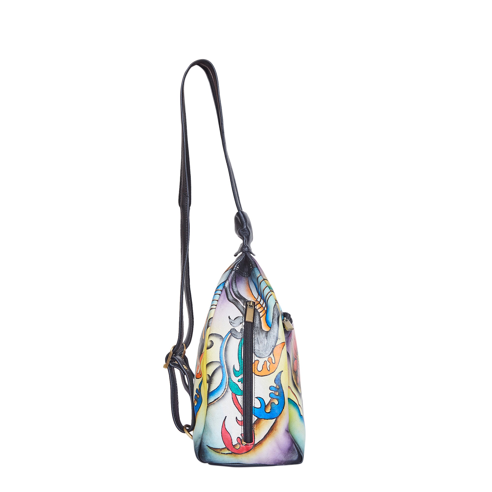 Convertible leather backpack with a hand-painted floral motif
