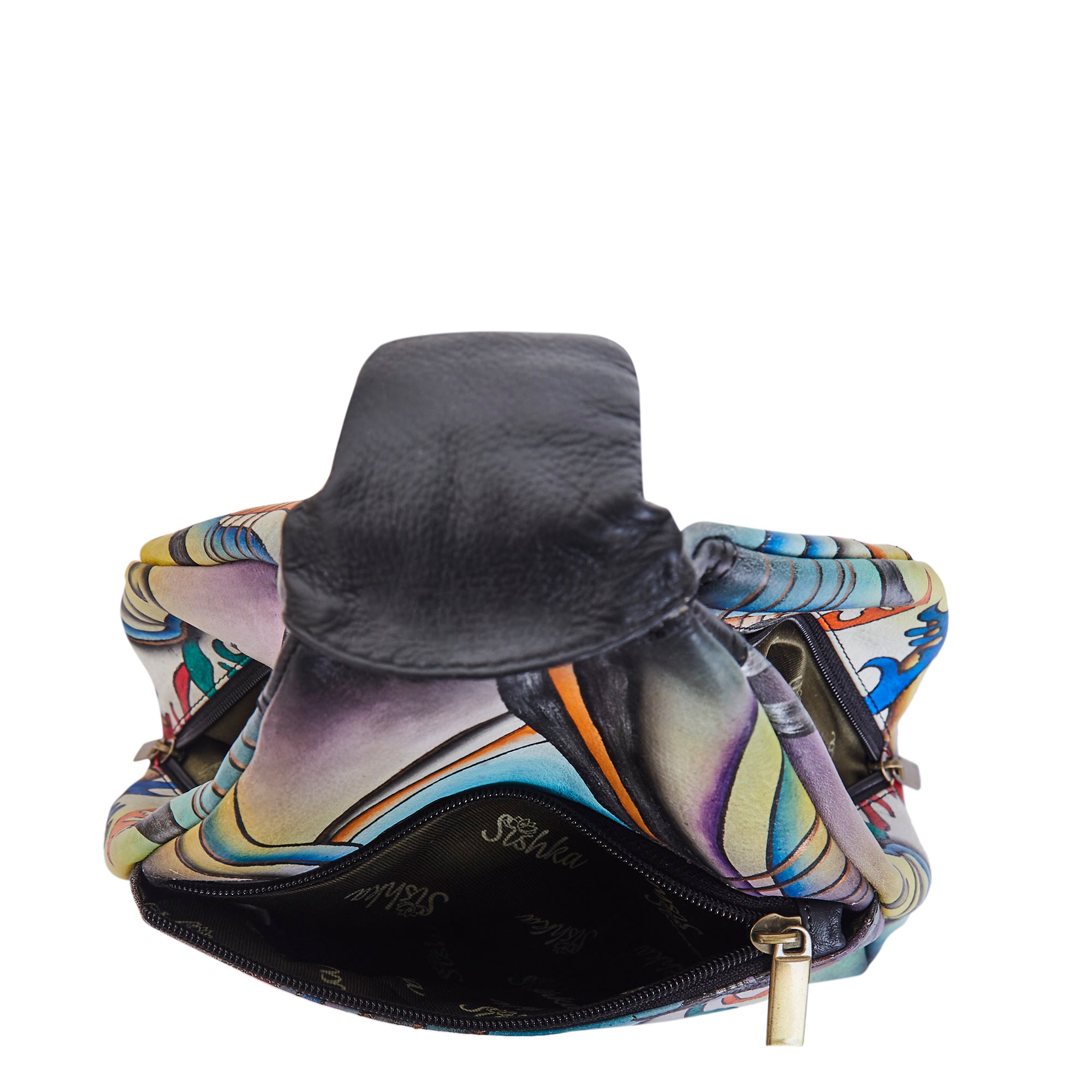 Convertible leather backpack with a hand-painted floral motif