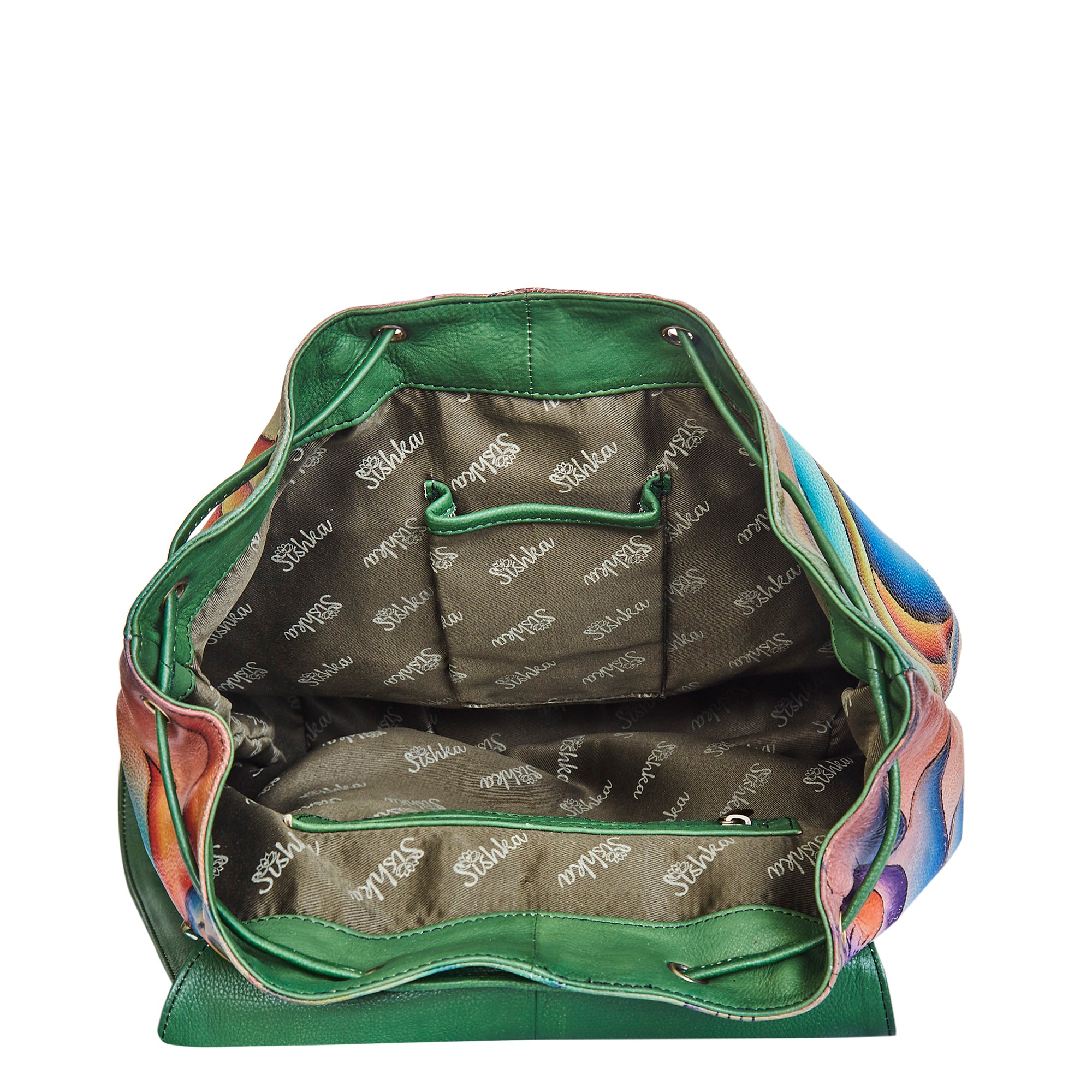 Colorful Floral Hand-Painted Backpack with Drawstring and Flap Closing