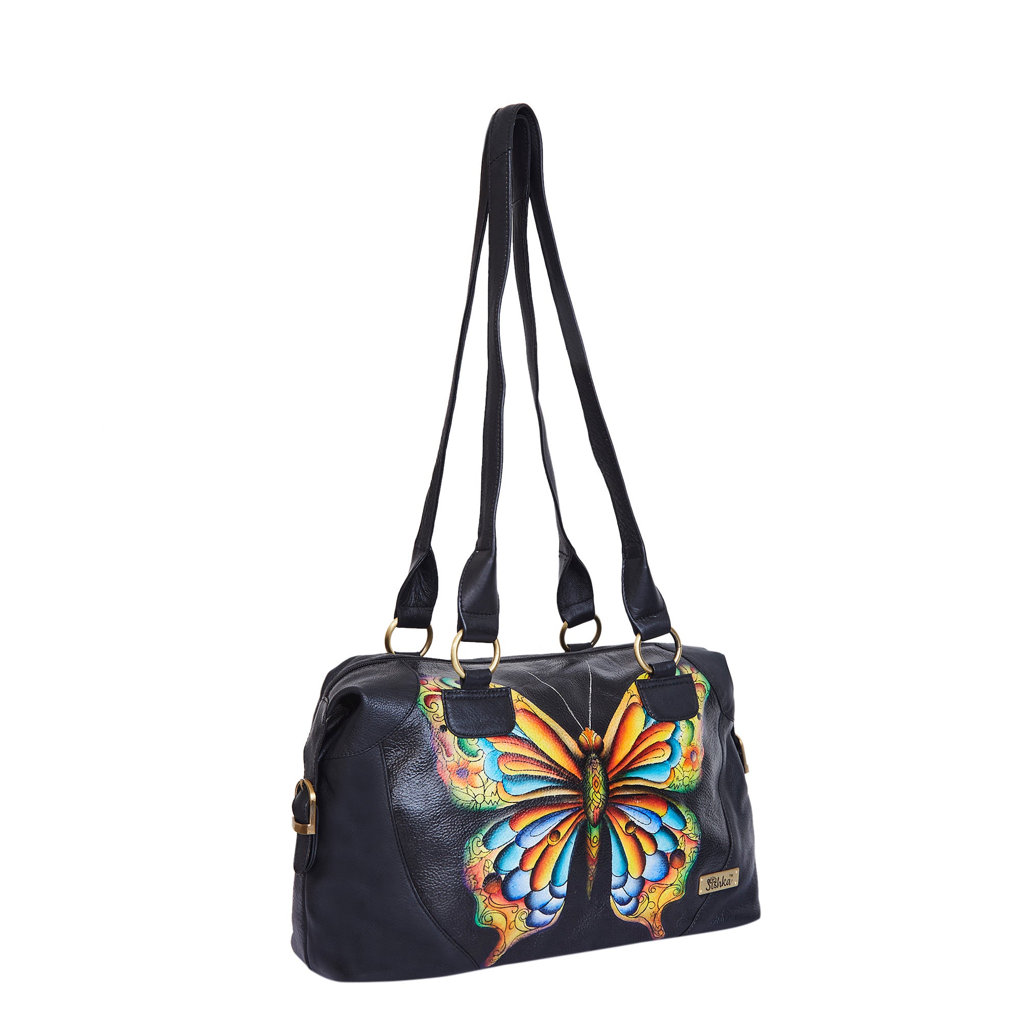 Hand-painted Leather Tote Bag with a Vibrant Butterfly Design