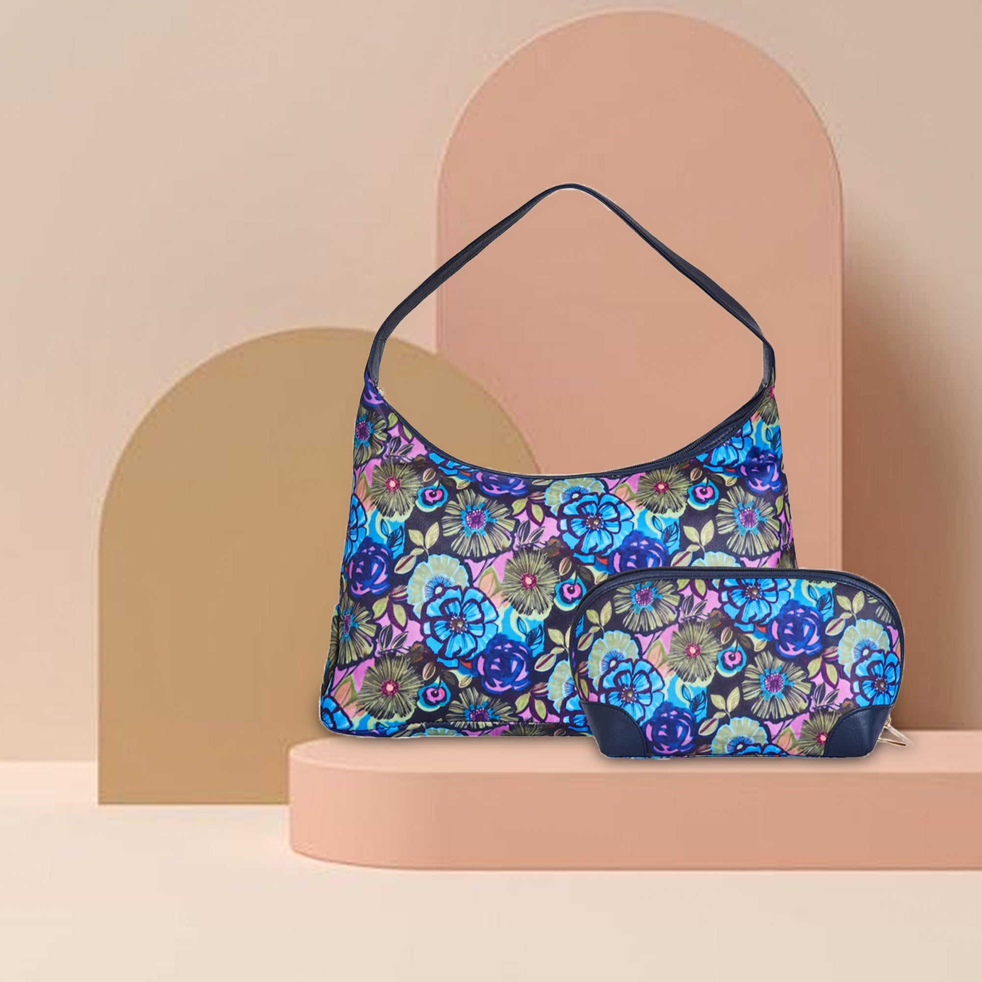 Botanical Print Sling Hobo & Cosmetic Bag Combo  with Leather Trim