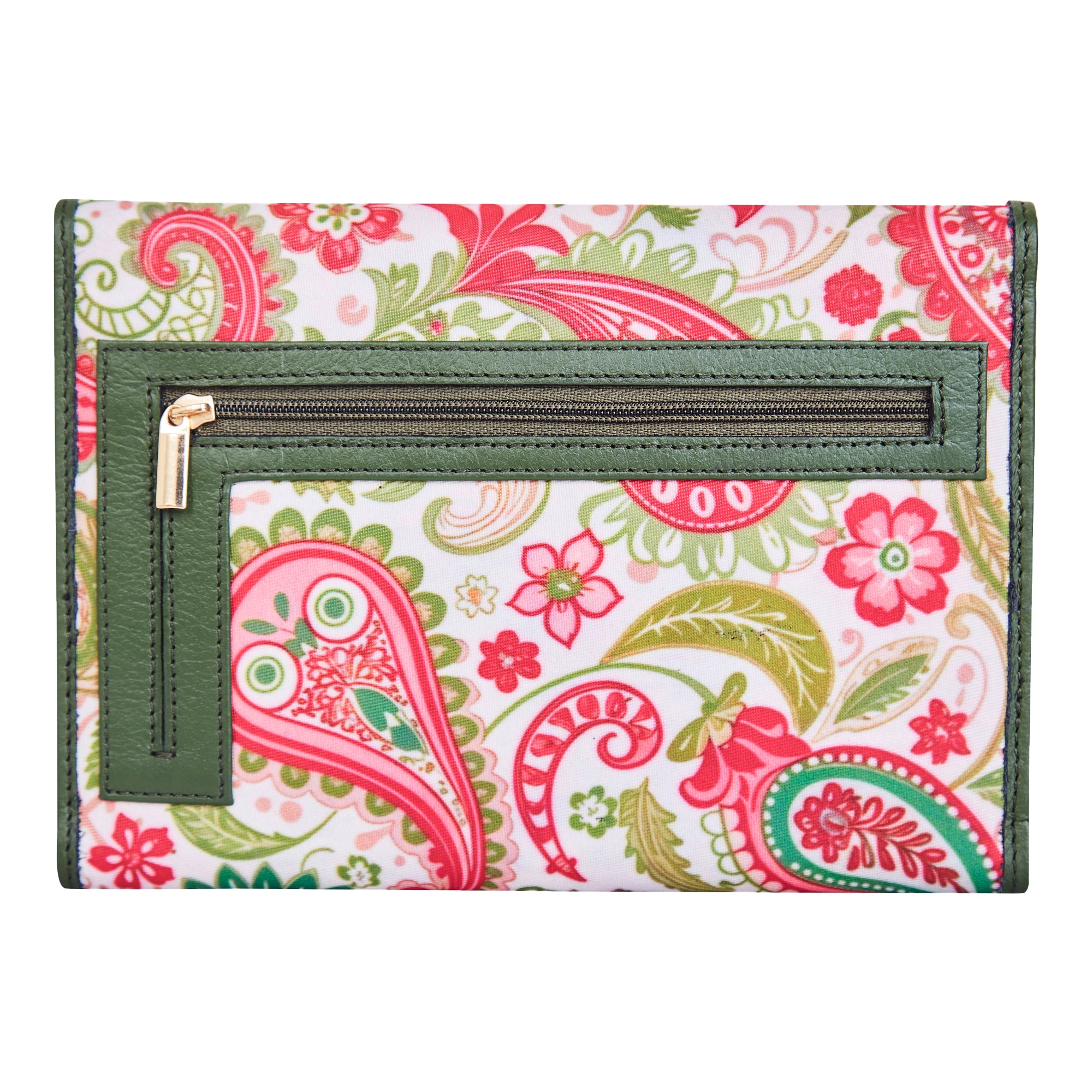 Paisley Pattern Trifold Wallet and Organizer with Leather Accents for Women