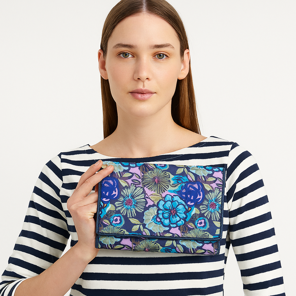 Floral Print Trifold Wallet and Organizer with Genuine Leather Accents for Women