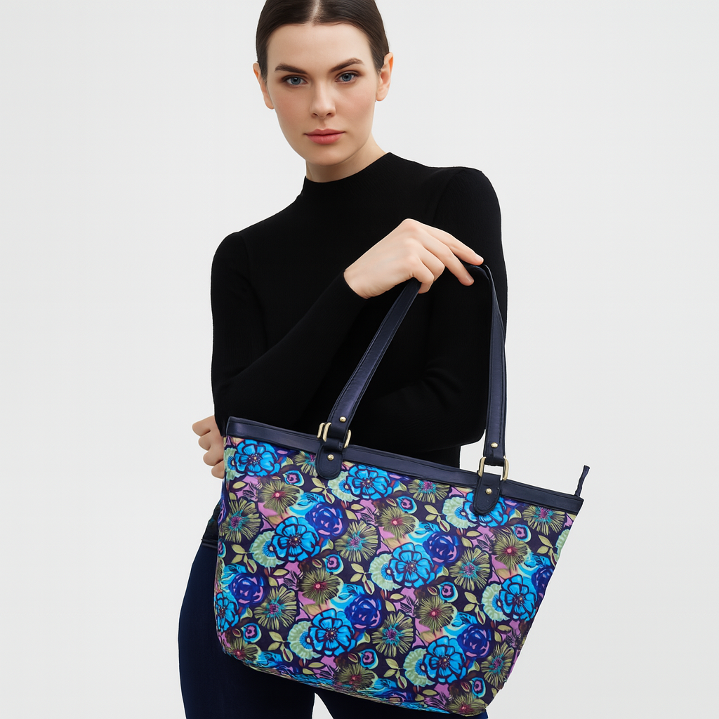 Botanical Print Tote Bag with Zipper Closure and Leather Accents