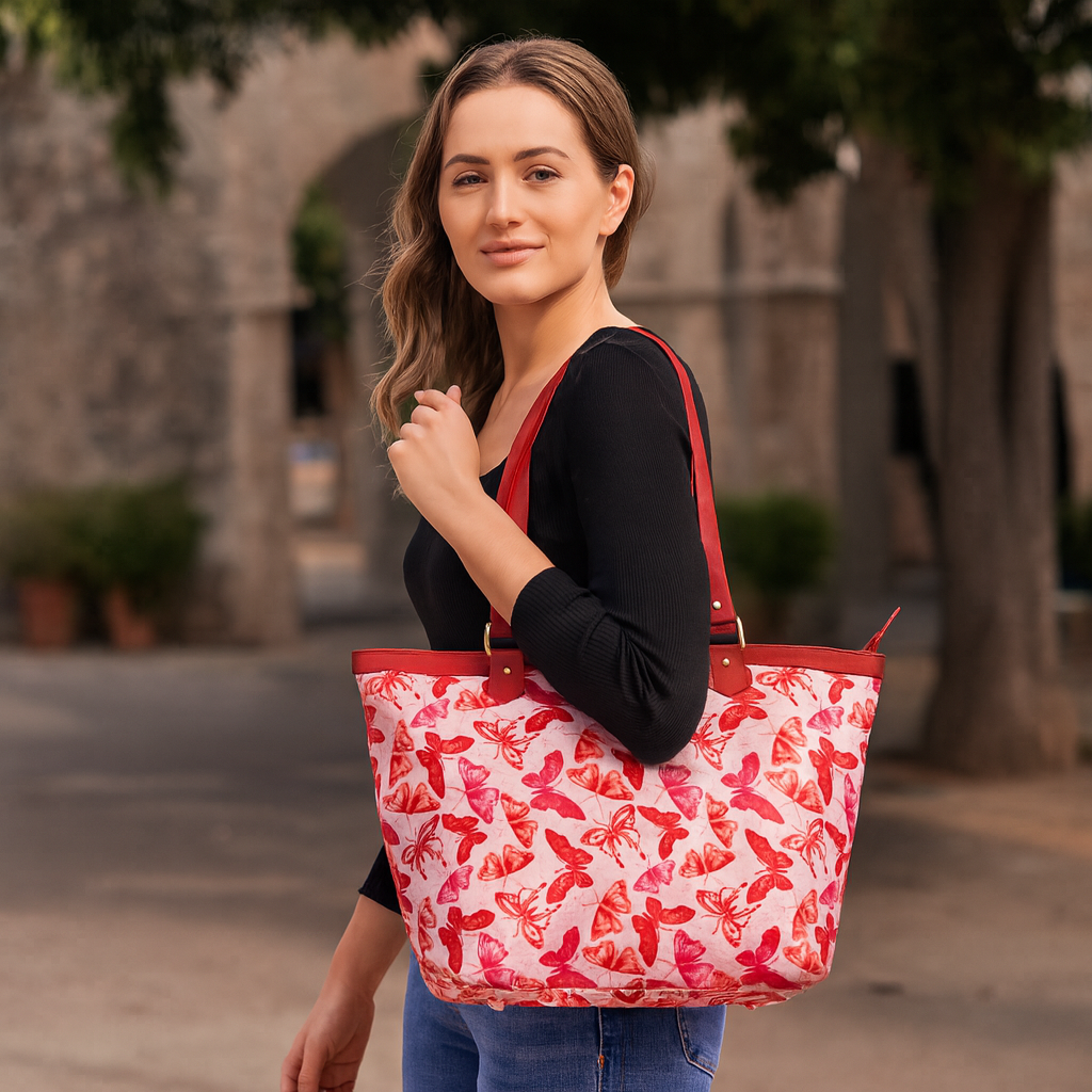 Ladies Butterfly Print Tote bag with Leather Trim and Zip Closure