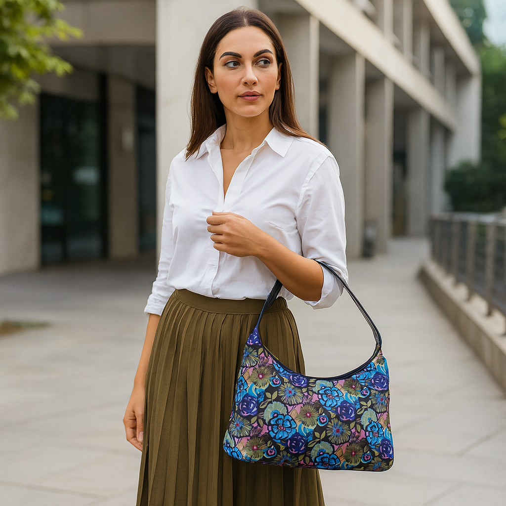 Hobo Sling Bag with Leather Accents and Botanical Print Fabric