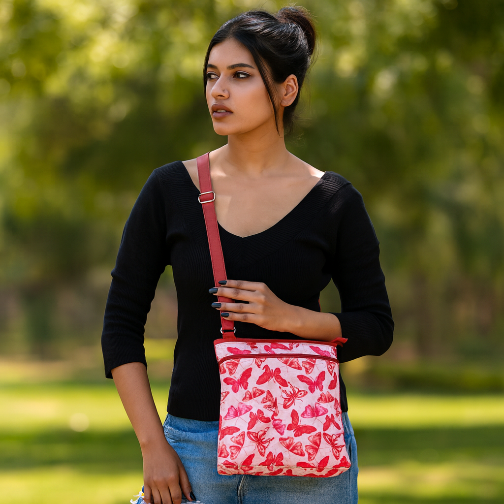 Women's Vibrant Butterfly Print Fabric Crossbody Bag with Leather Accents