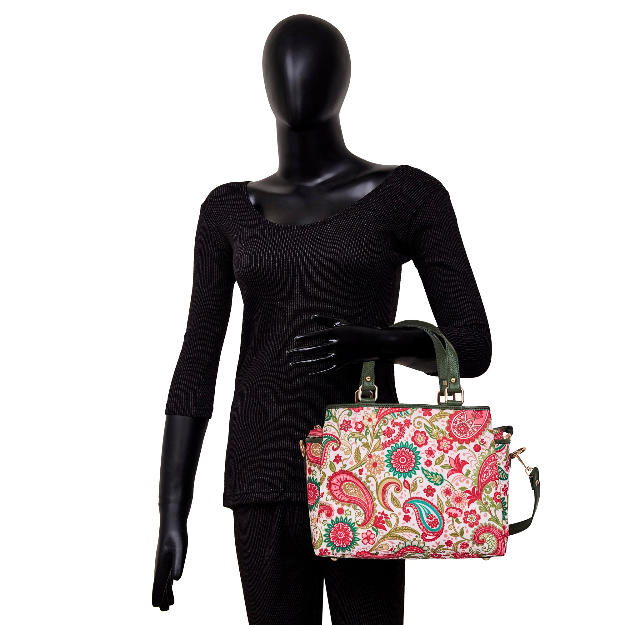 Paisley Print Multi-Compartment Satchel bag for Women with Leather Details