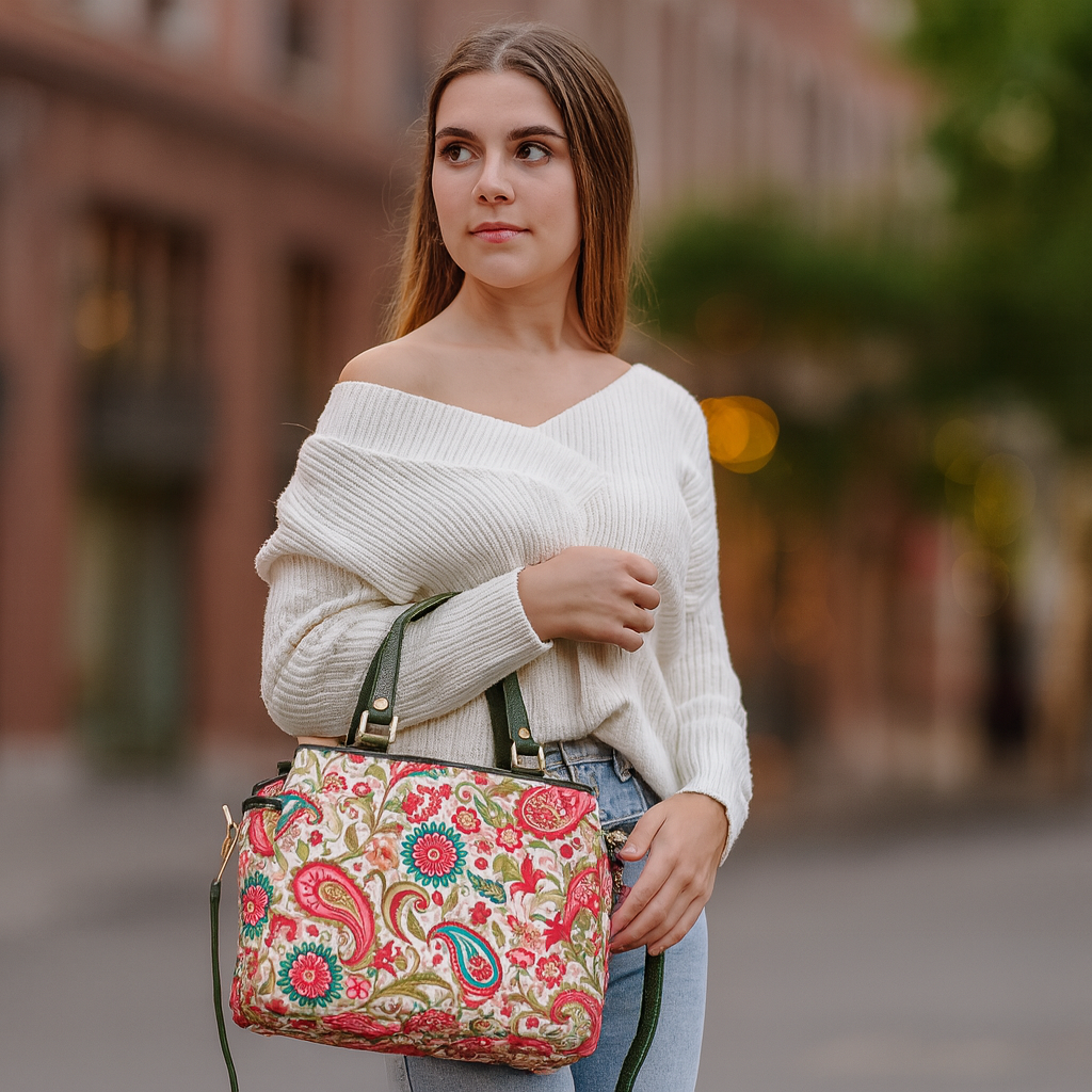 Paisley Print Multi-Compartment Satchel bag for Women with Leather Details