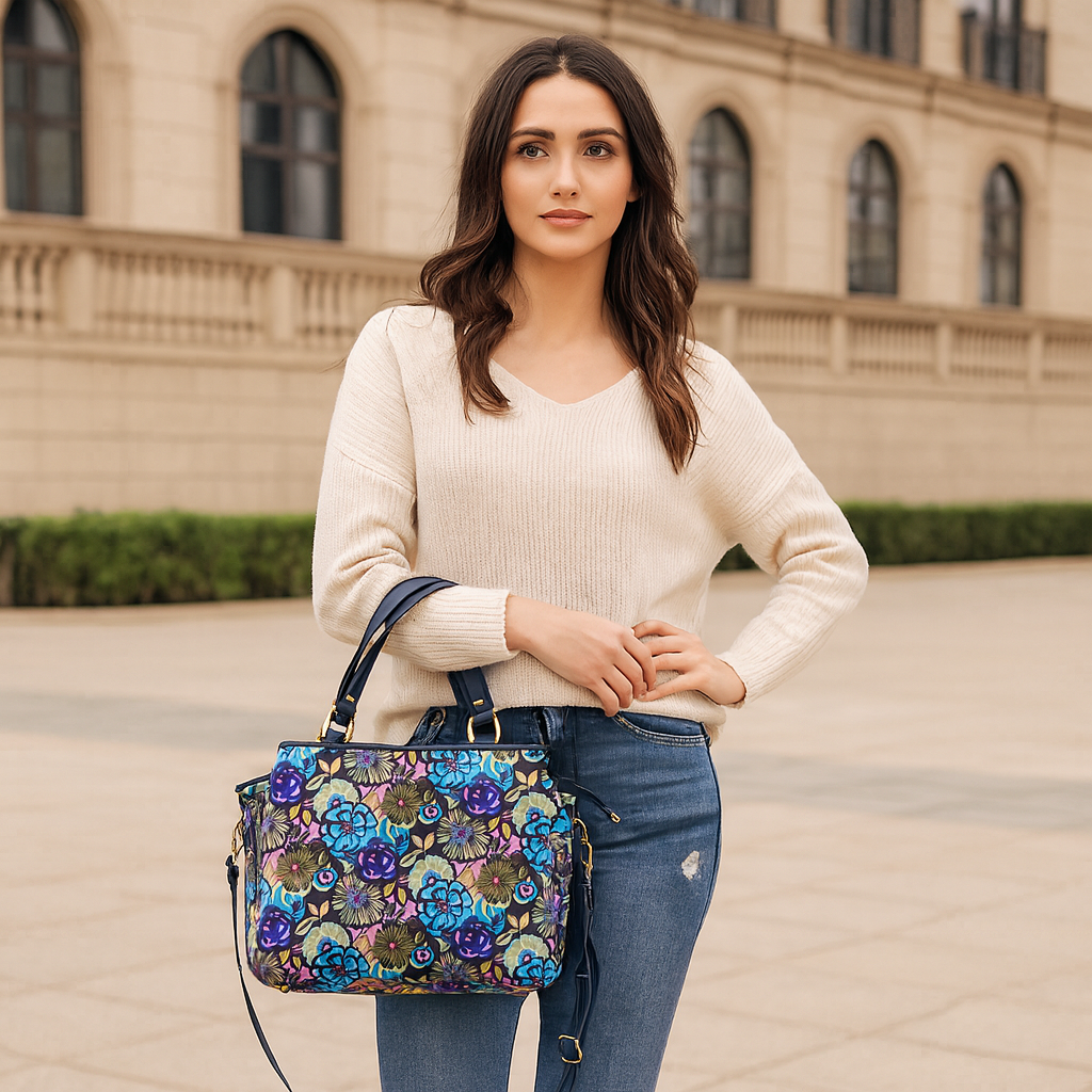 Multi-Compartment Botanical Print Satchel Bag with Leather Trim