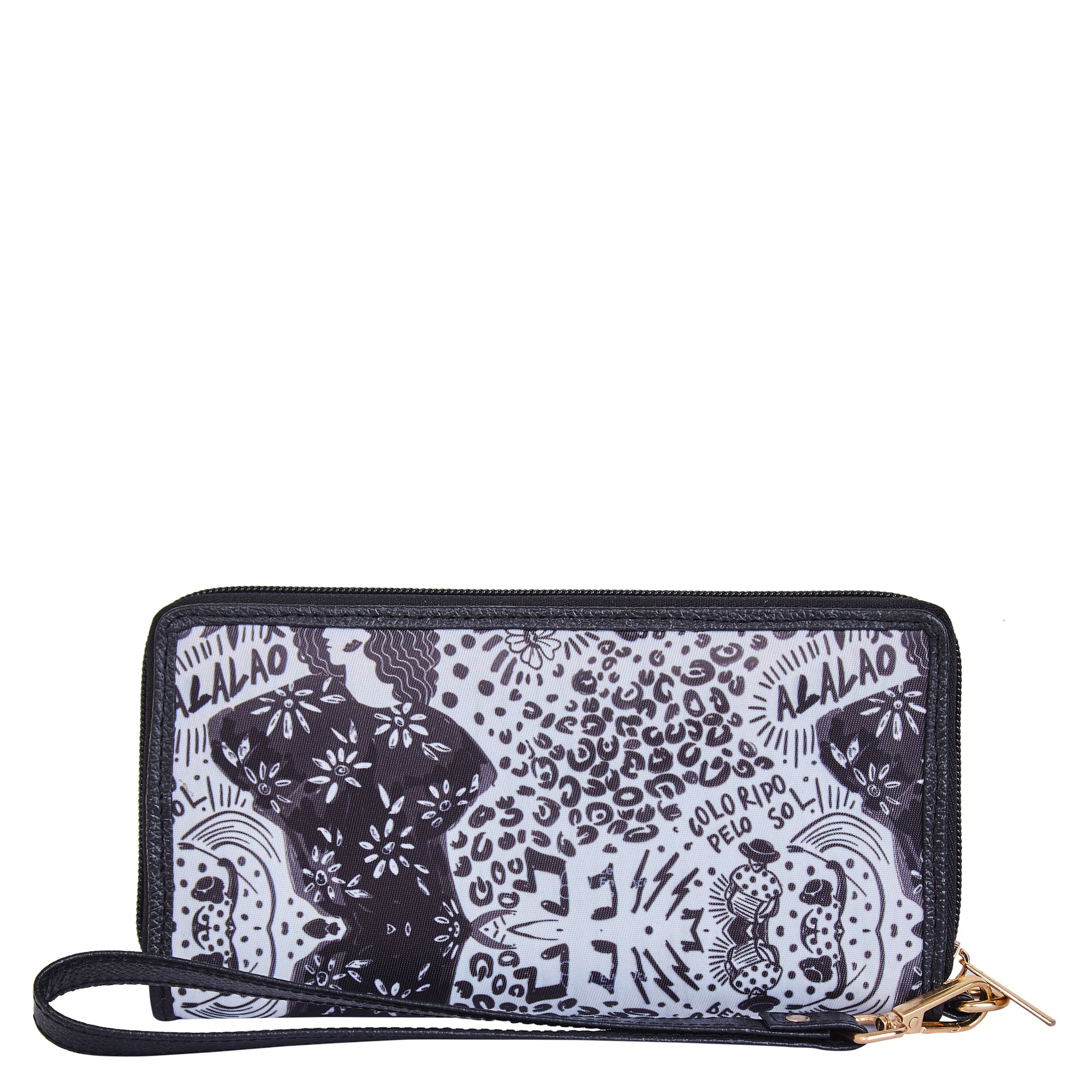 Wristlet Travel Wallet with Leather Trim –  Black and White Prints for Ladies