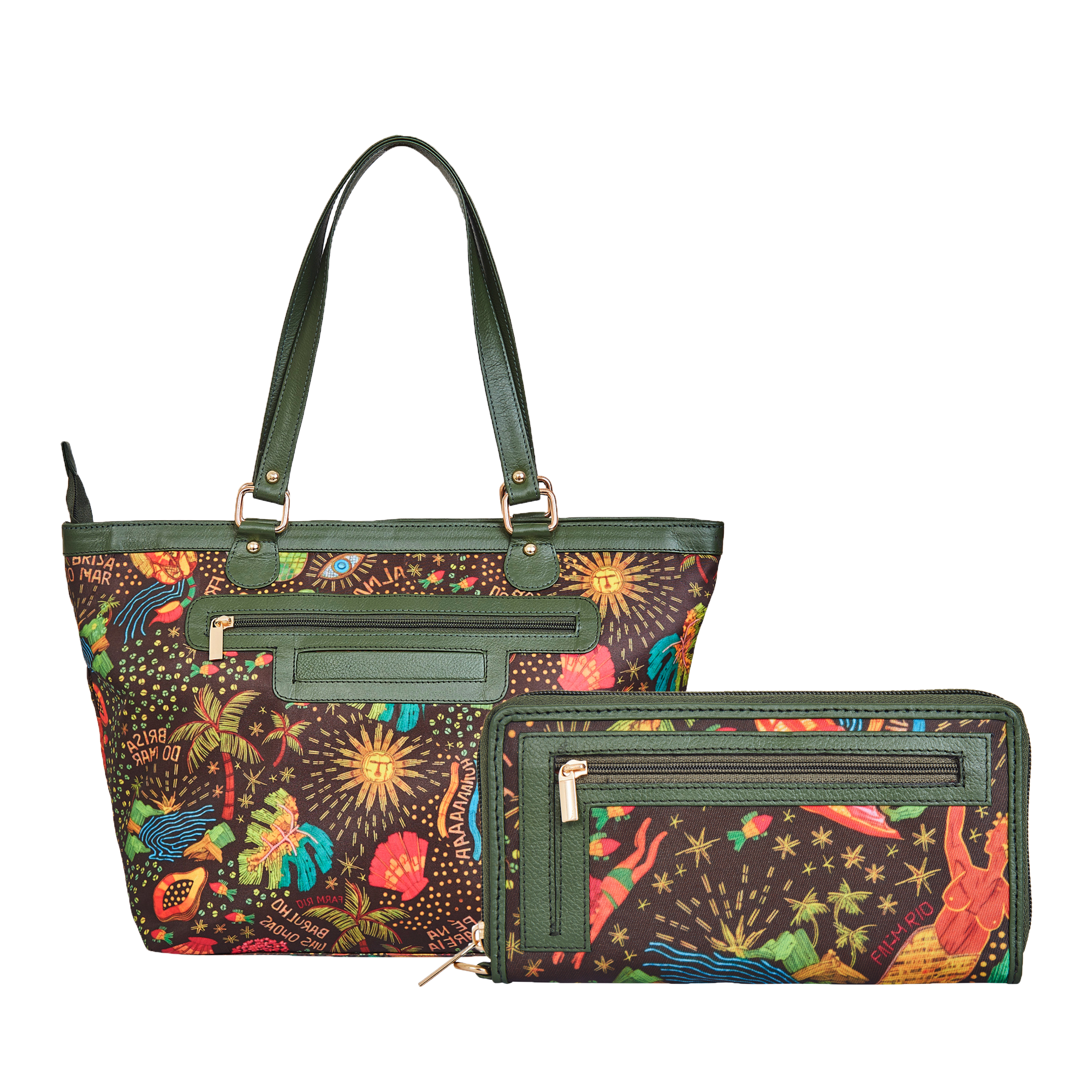 Coastal Pattern Leather Trimmed Tote Bag & Wristlet Wallet for Women