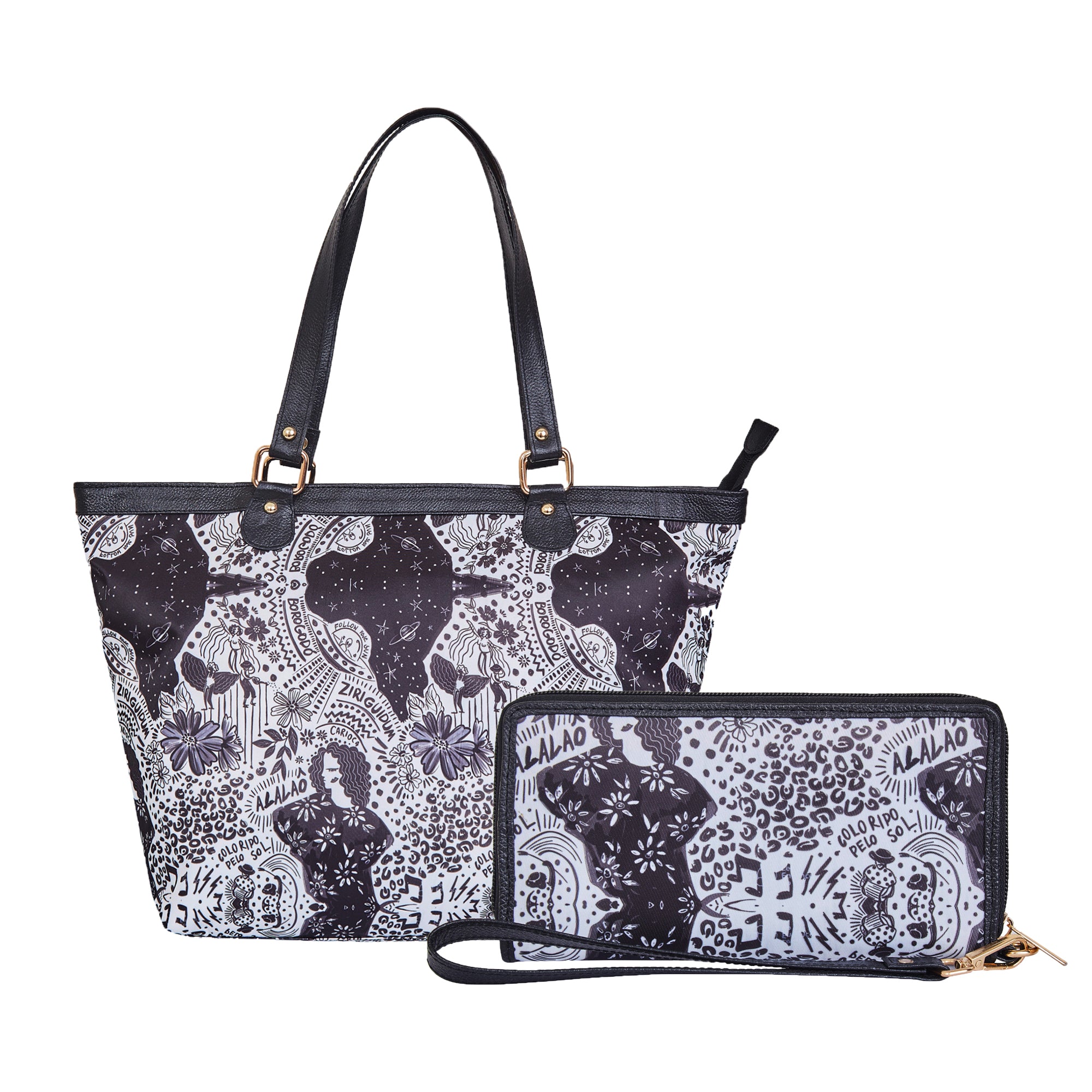 Elegant Monochrome Print Tote & Wristlet Set of 2 for women Stylish Leather Detailing