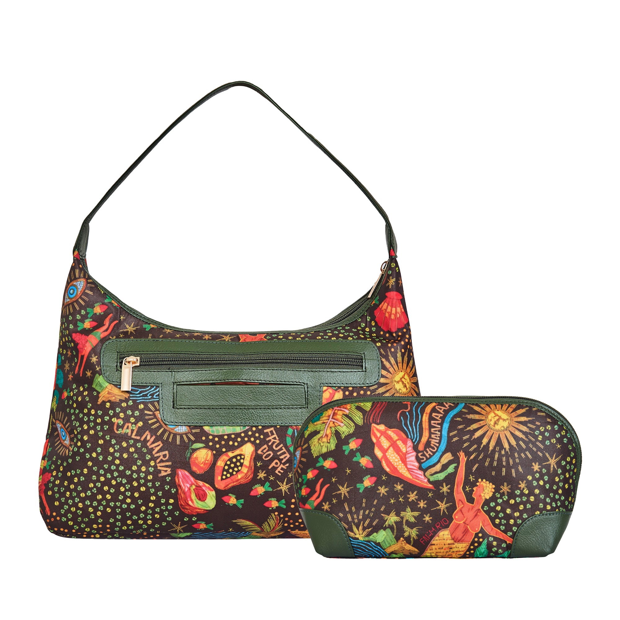 Leather Trim Sling Hobo Bag & Matching Cosmetic Bag  Combo For Women