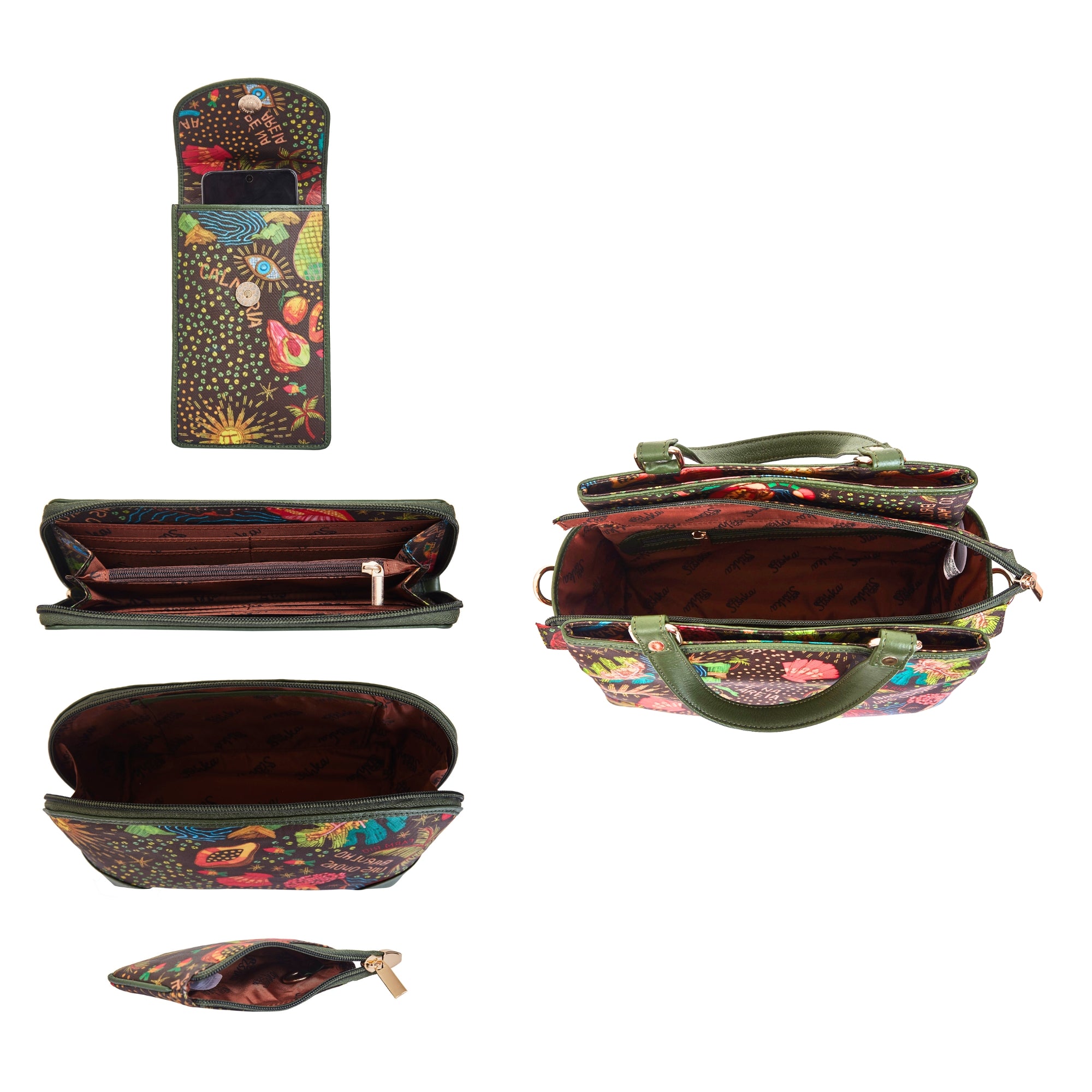 Women’s Printed Fabric Bag Combo – Satchel Bag, Cell Phone Crossbody Wallet, Wristlet, Cosmetic Pouch & Coin Purse