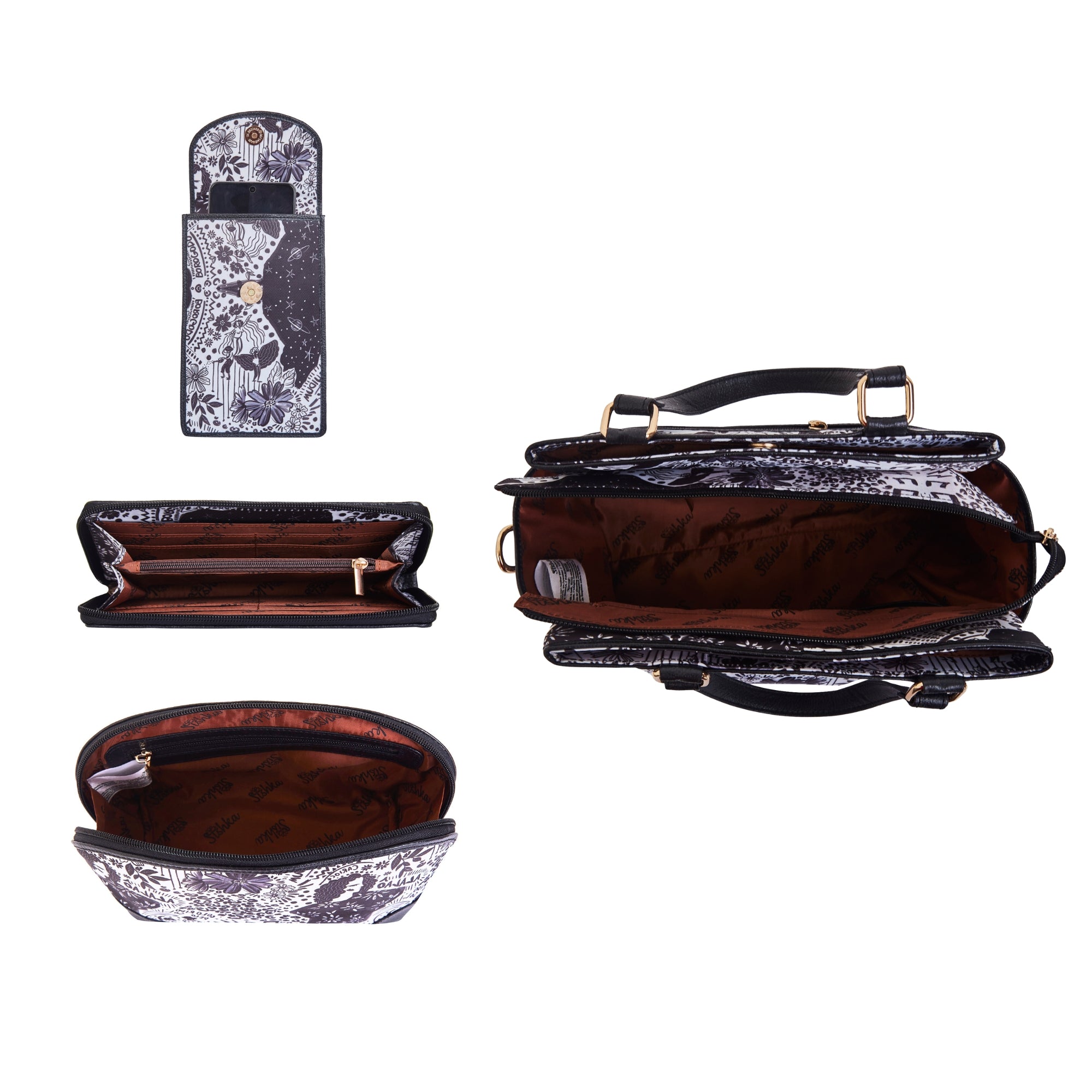 Fabric Bags Combo Gift Set – Satchel, Cell Phone Crossbody Wallet, Wristlet Wallet & Cosmetic Pouch for Daily Use