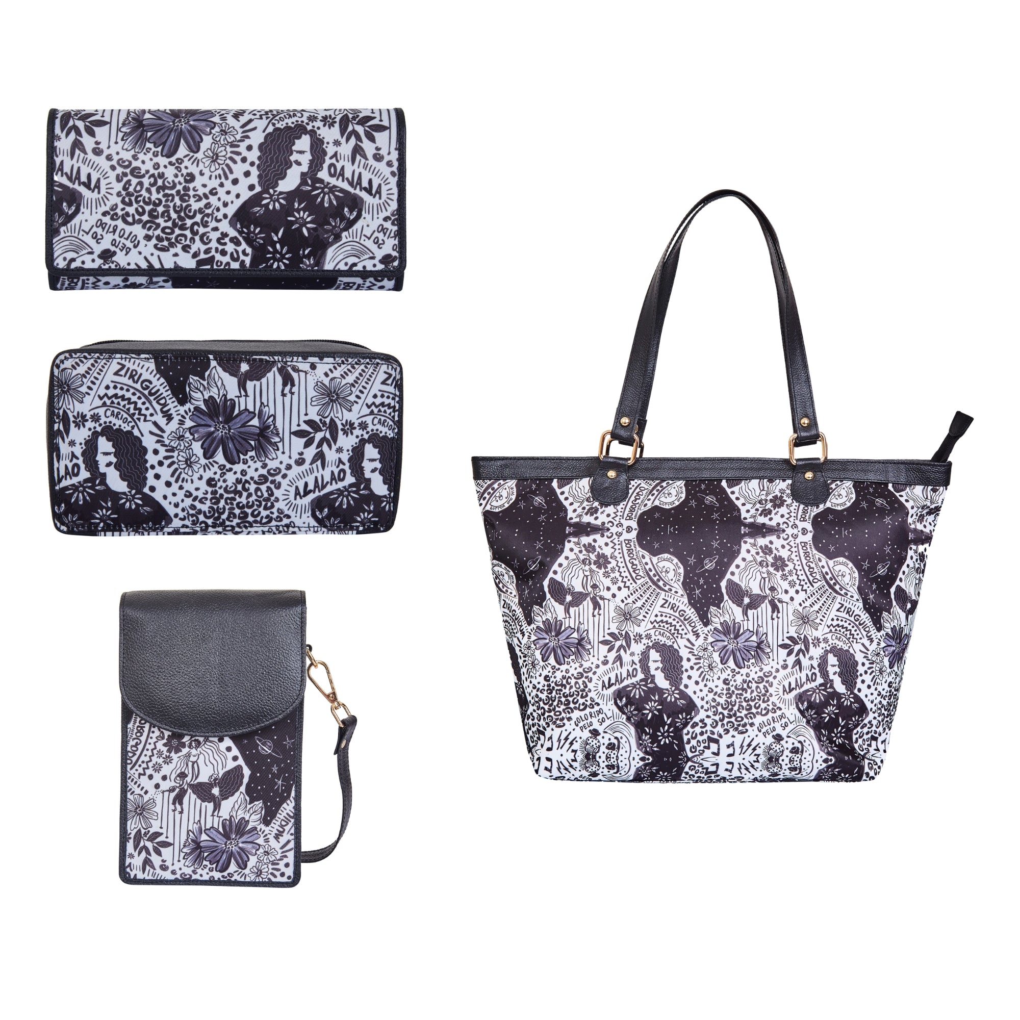 Printed Nylon Fabric Combo Set – Women’s Tote Bag, RFID Wallet, Crossbody Phone Wallet & Jewellery Case for Travel Use