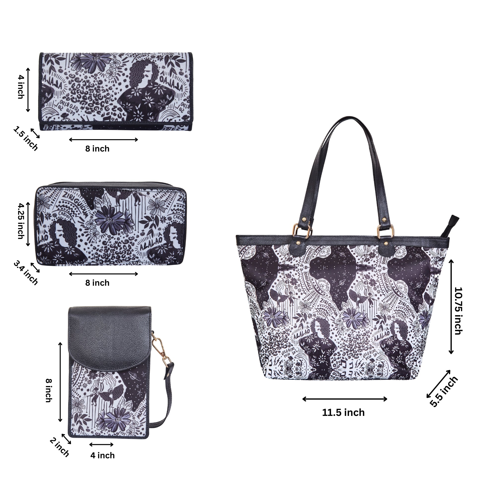 Printed Nylon Fabric Combo Set – Women’s Tote Bag, RFID Wallet, Crossbody Phone Wallet & Jewellery Case for Travel Use