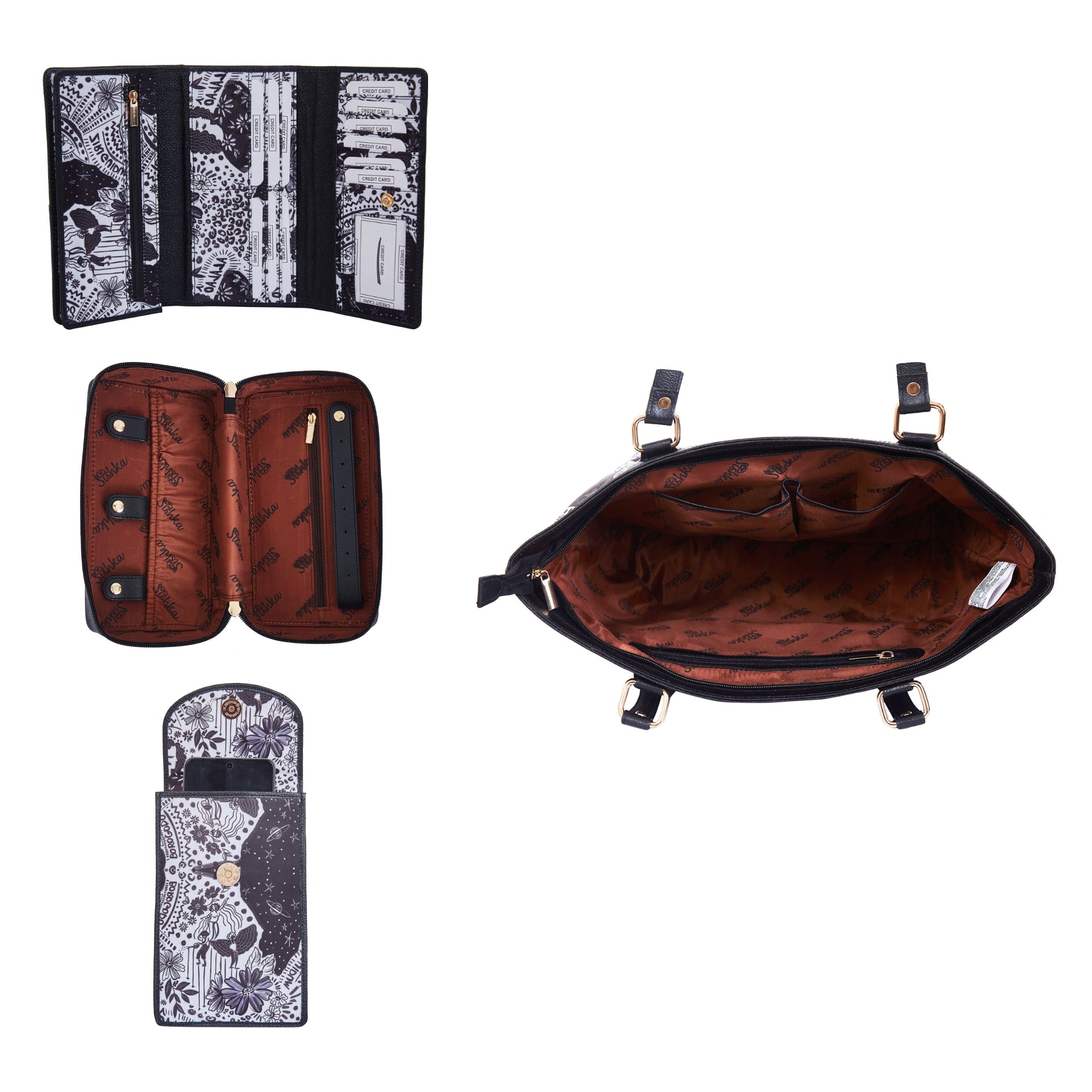 Printed Nylon Fabric Combo Set – Women’s Tote Bag, RFID Wallet, Crossbody Phone Wallet & Jewellery Case for Travel Use