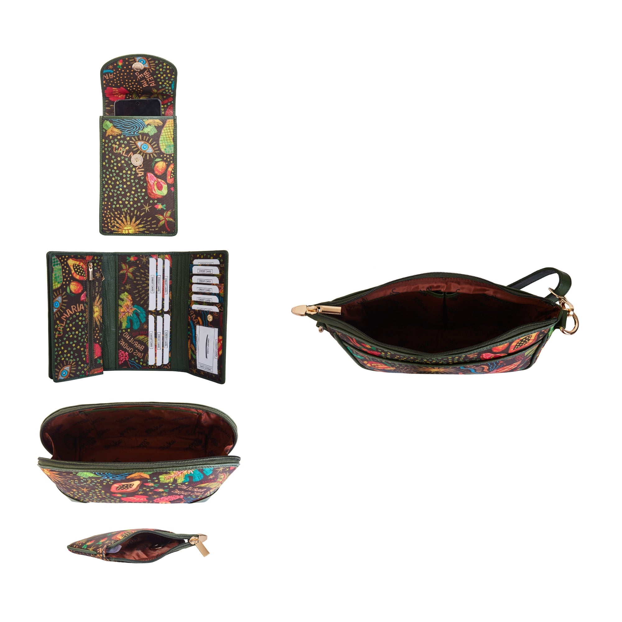 Ladies’ Nylon Printed 5 Pcs Bag Combo Set– Hobo Bag, Cell Phone Crossbody Wallet, Wristlet Wallet, Cosmetic & Coin Pouch