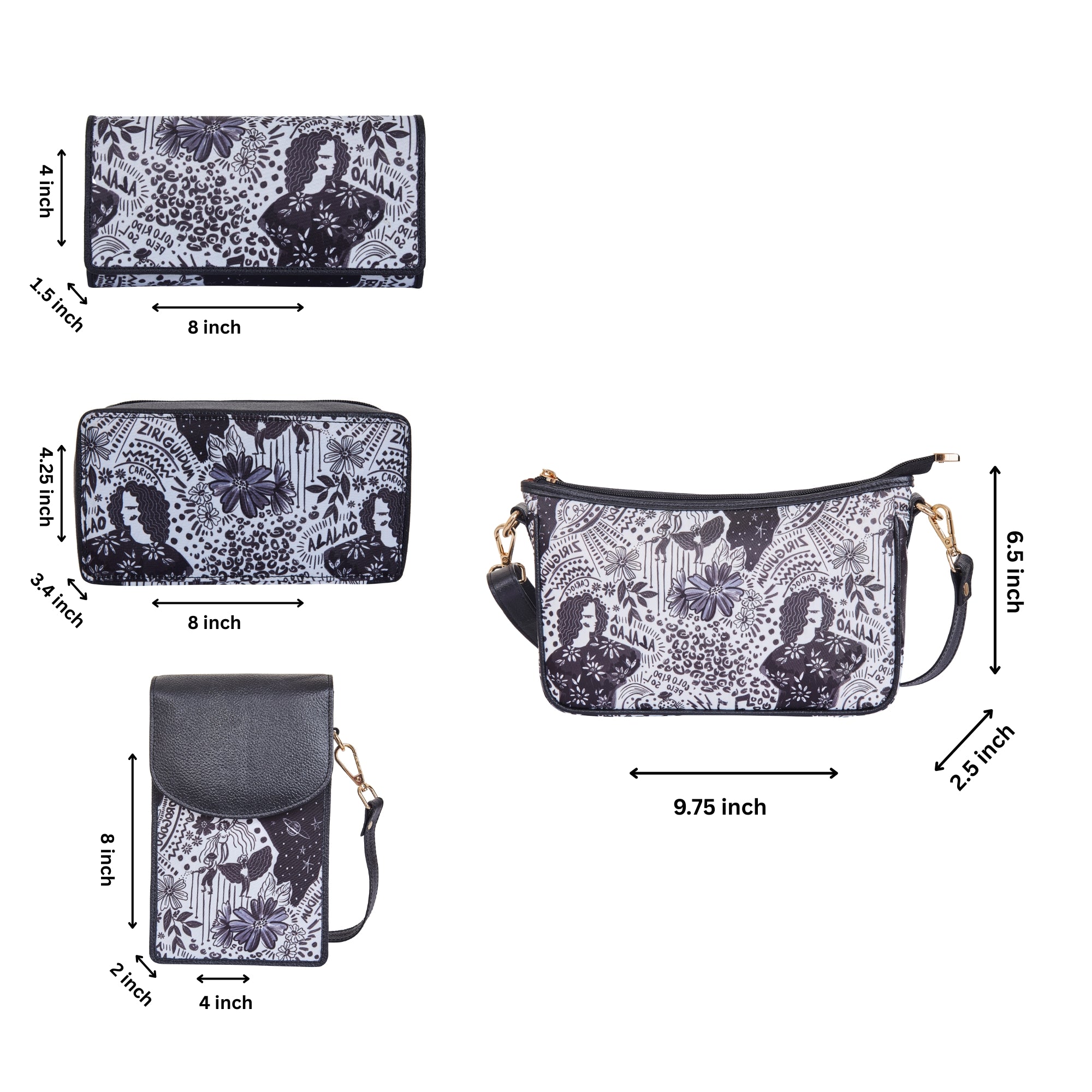 Women’s Printed Nylon Fabric  4-Pcs Combo Set –Hobo Bag, Wallet, Mobile Crossbody Wallet & Jewellery Pouch for Daily Use