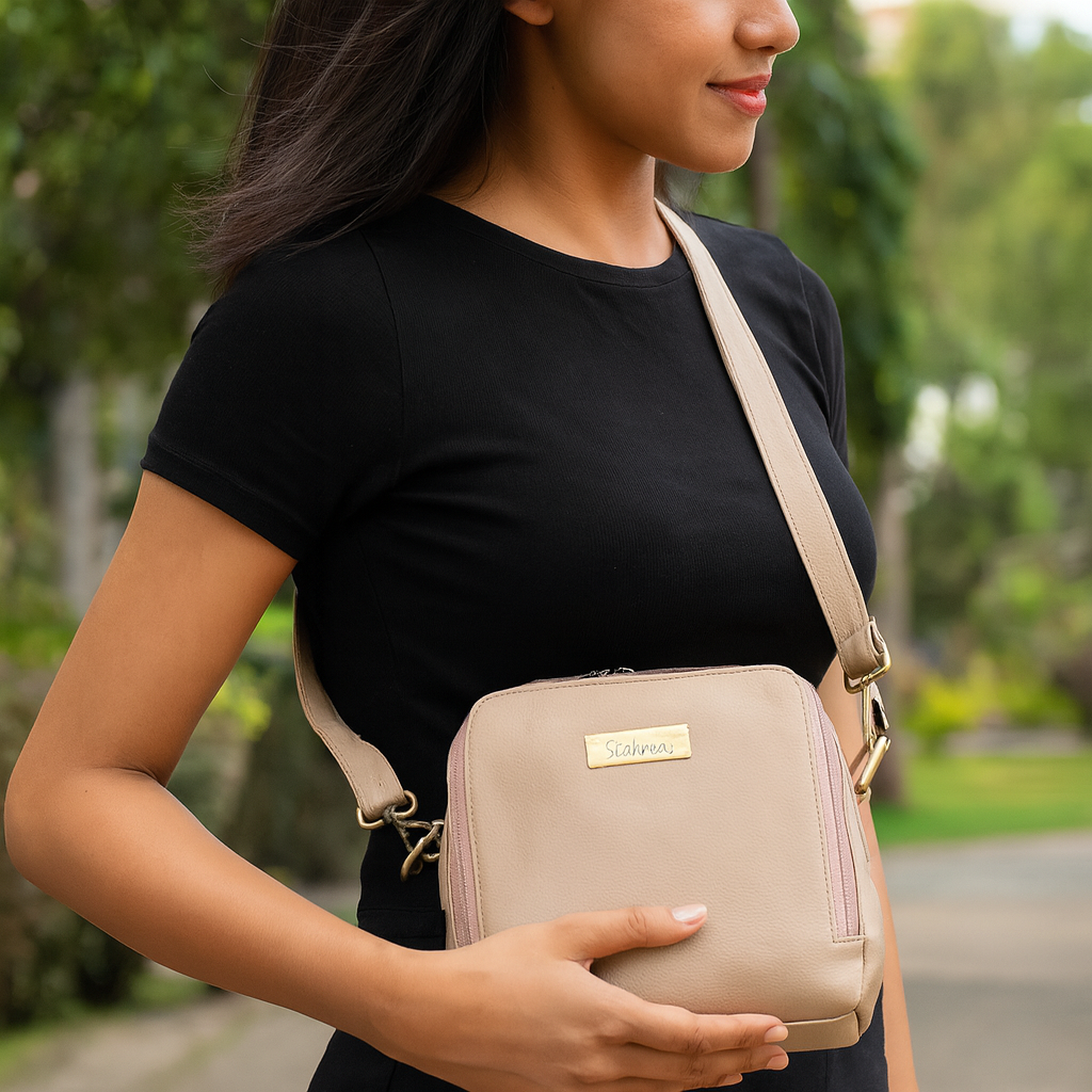 Sishka Taupe Genuine Leather Crossbody Bag for Women – Boho Shoulder Sling Purse, Zipper Closure, Lightweight Handbag for Girls & Teenagers.