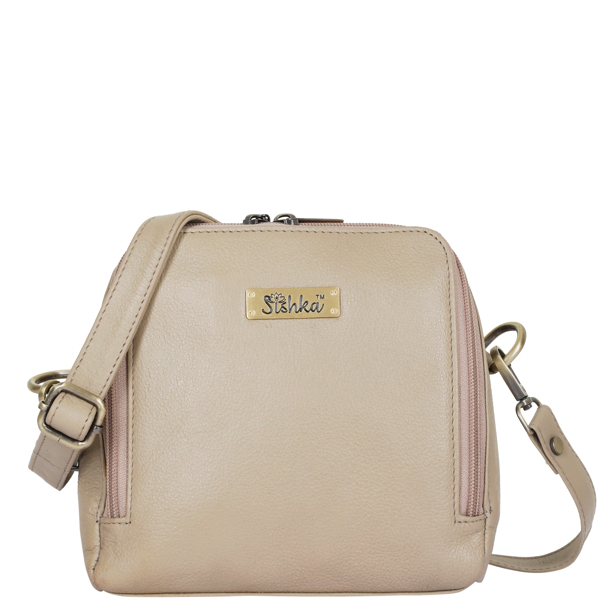 Sishka Taupe Genuine Leather Crossbody Bag for Women – Boho Shoulder Sling Purse, Zipper Closure, Lightweight Handbag for Girls & Teenagers.