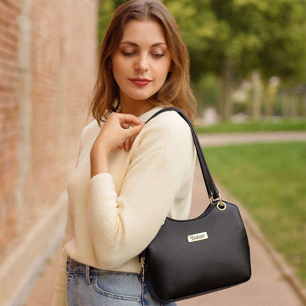 Sishka Black Genuine Leather Satchel Handbag, Tote Shoulder Bag for Women, Designer Top Handle Purse,Ladies Leather Bag – H 7.75" x W 9" x D 2.75"