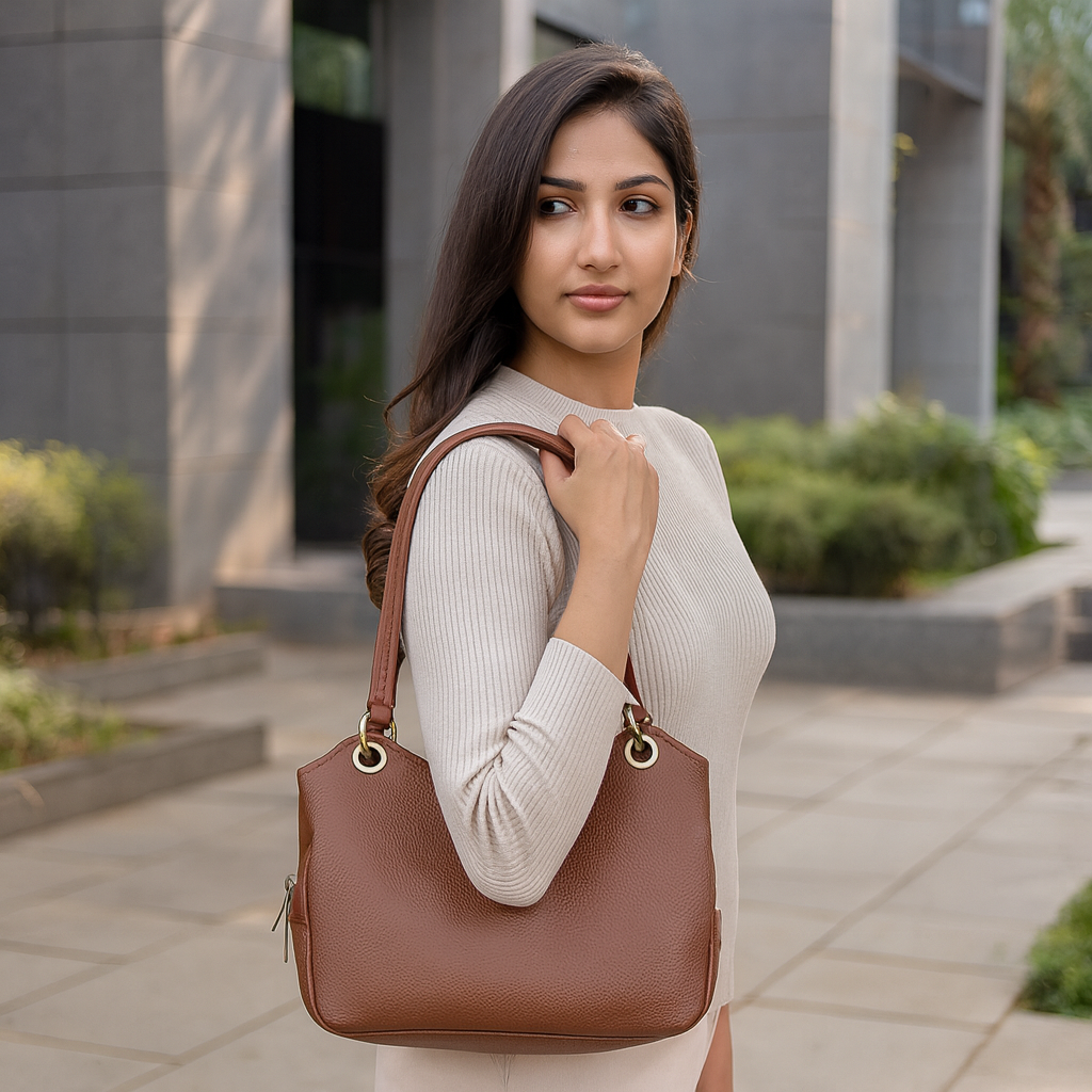 Brown Women's Genuine Leather Satchel Bag, Tote Purses and Handbags Trendy Ladies Shoulder Tote Bag for Work, Office Party by Sishka (H 7.75" x W 9" x D 2.75")