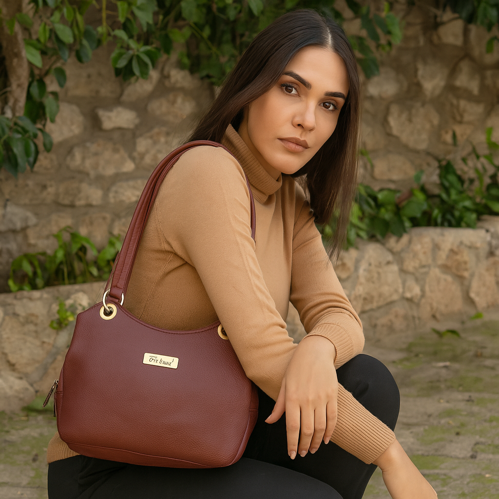 Sishka Cherry Red Women's Genuine Leather Satchel Bag, Round Handle Tote Purse, Designer Shoulder Handbag, Ladies Leather Bag, Stylish Top Handle Bag, Elegant Leather Purse for Ladies.
