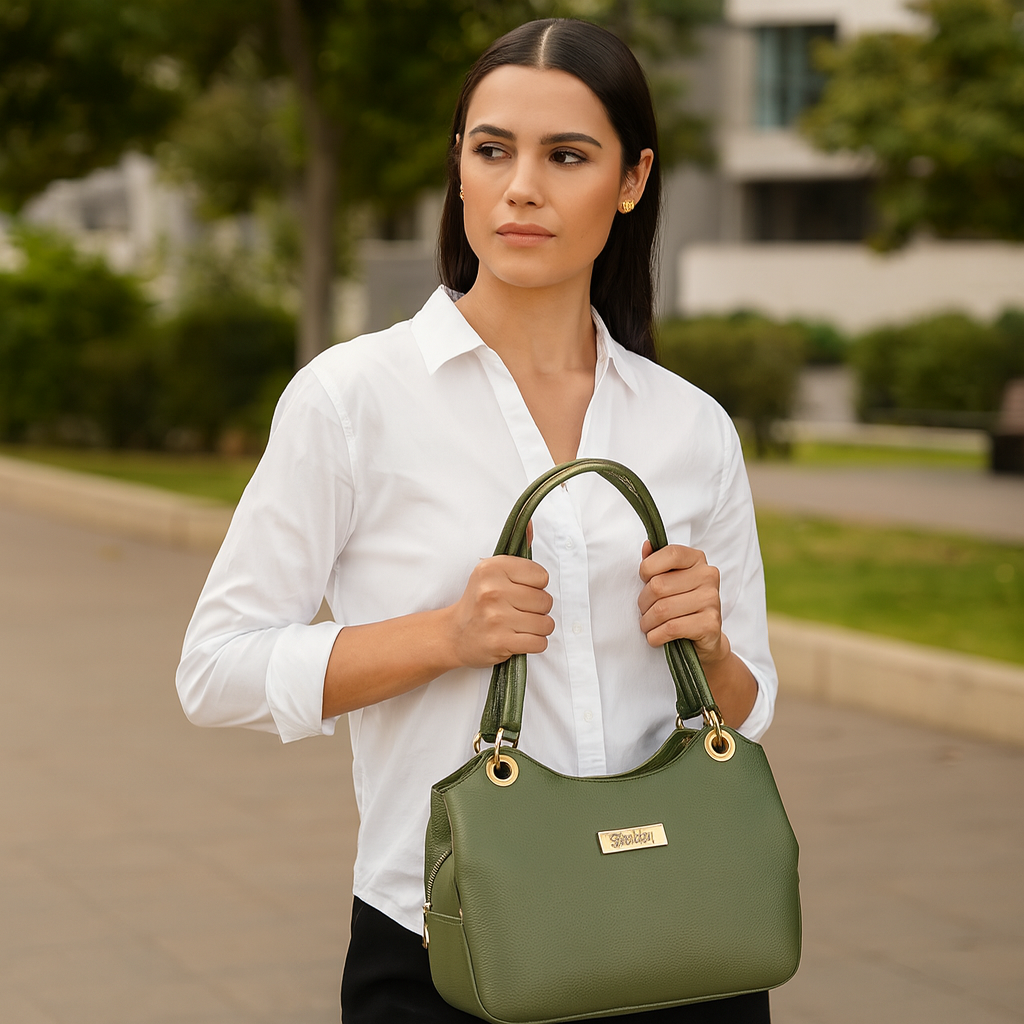 Sishka Olive Women's Genuine Leather Satchel Bag, Round Handle Tote Purse, Designer Shoulder Handbag, Stylish Leather Top Handle Bag, Elegant Ladies Leather Purse for Everyday Use.