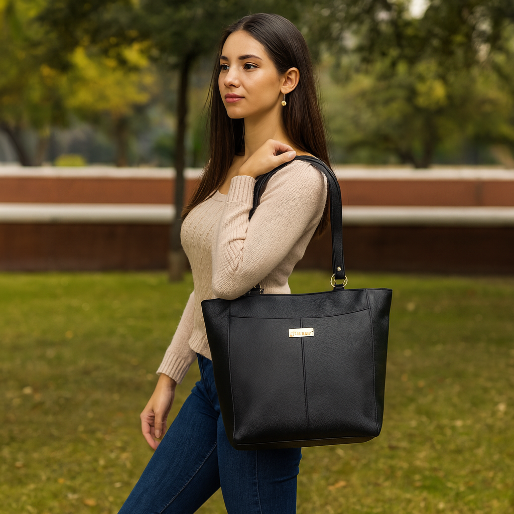 Sishka Black Tote Bag for Women – Elegant Genuine Leather Shoulder Handbag, Spacious Top Handle Satchel, Classic Ladies Purse for Office, Travel, Parties & Everyday Use (H 12" x W 15.25" x D 4.75").