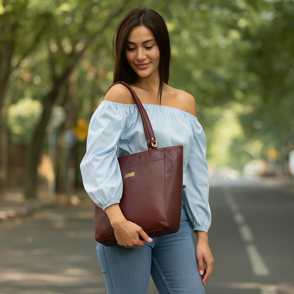Sishka Brown Tote Bag for Women – Classic Genuine Leather Shoulder Handbag, Spacious Top Handle Satchel, Elegant Ladies Purse for Office, Travel, Parties & Everyday Use (H 12" x W 15.25" x D 4.75").