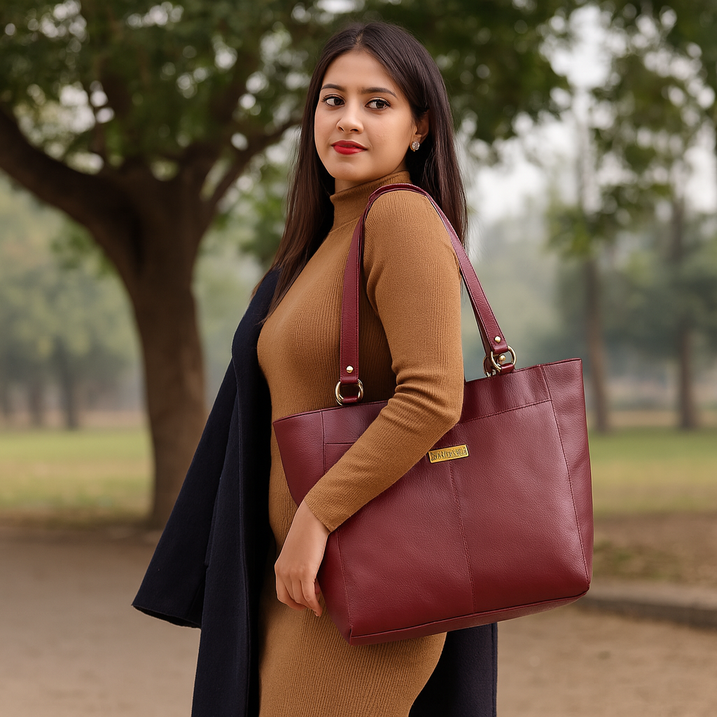Sishka Cherry Red Tote Bag for Women – Classic Genuine Leather Shoulder Handbag, Stylish Top Handle Satchel, Spacious Ladies Purse, Ideal for Everyday Use (H 12" x W 15.25" x D 4.75").