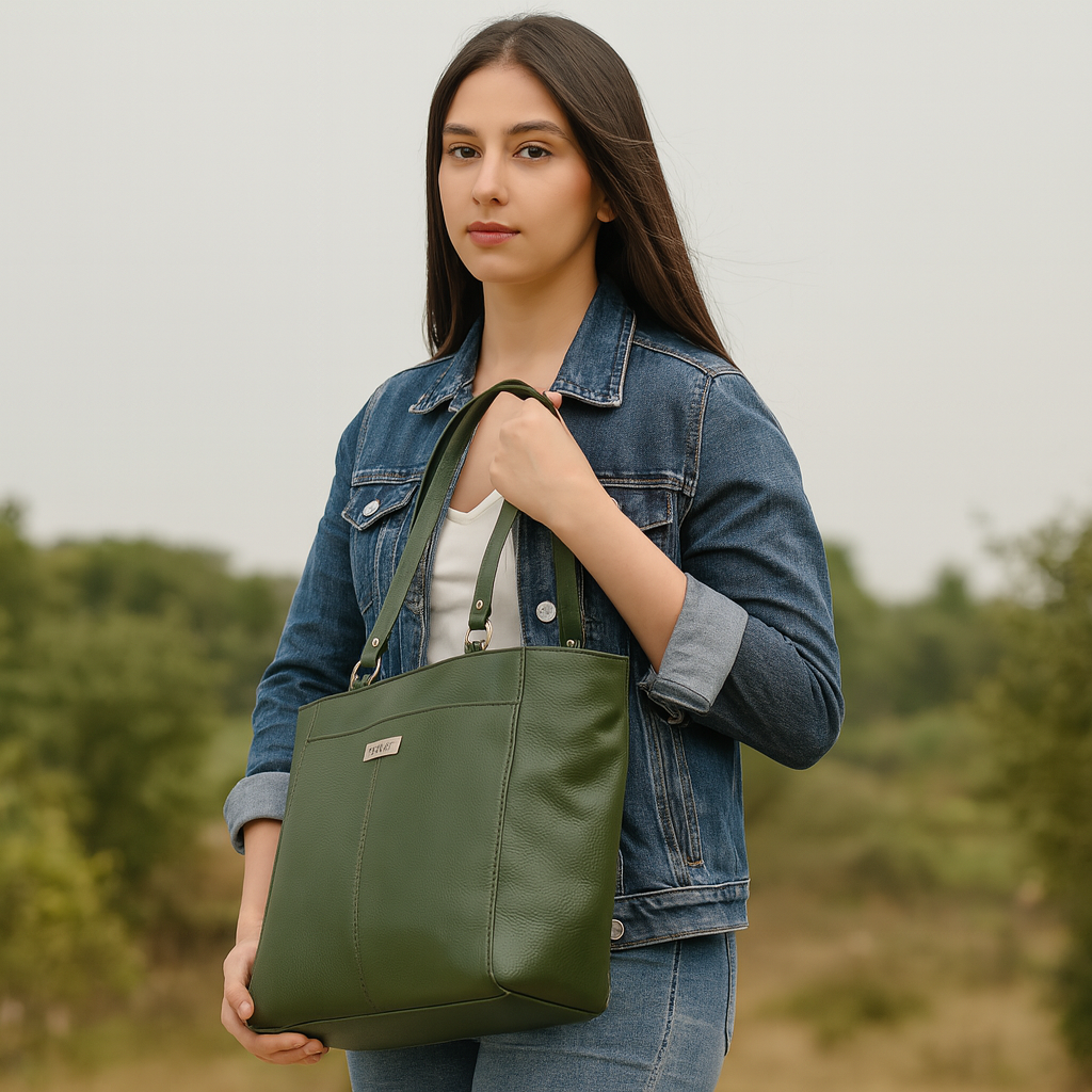 Olive Tote Bag for Women  | Sishka Elegant Genuine Leather Satchel, Stylish Top Handle Shoulder Handbag, Spacious Ladies Purse Perfect for Office, Parties, Trips & Daily Use (H 12" x W 15.25" x D 4.75")