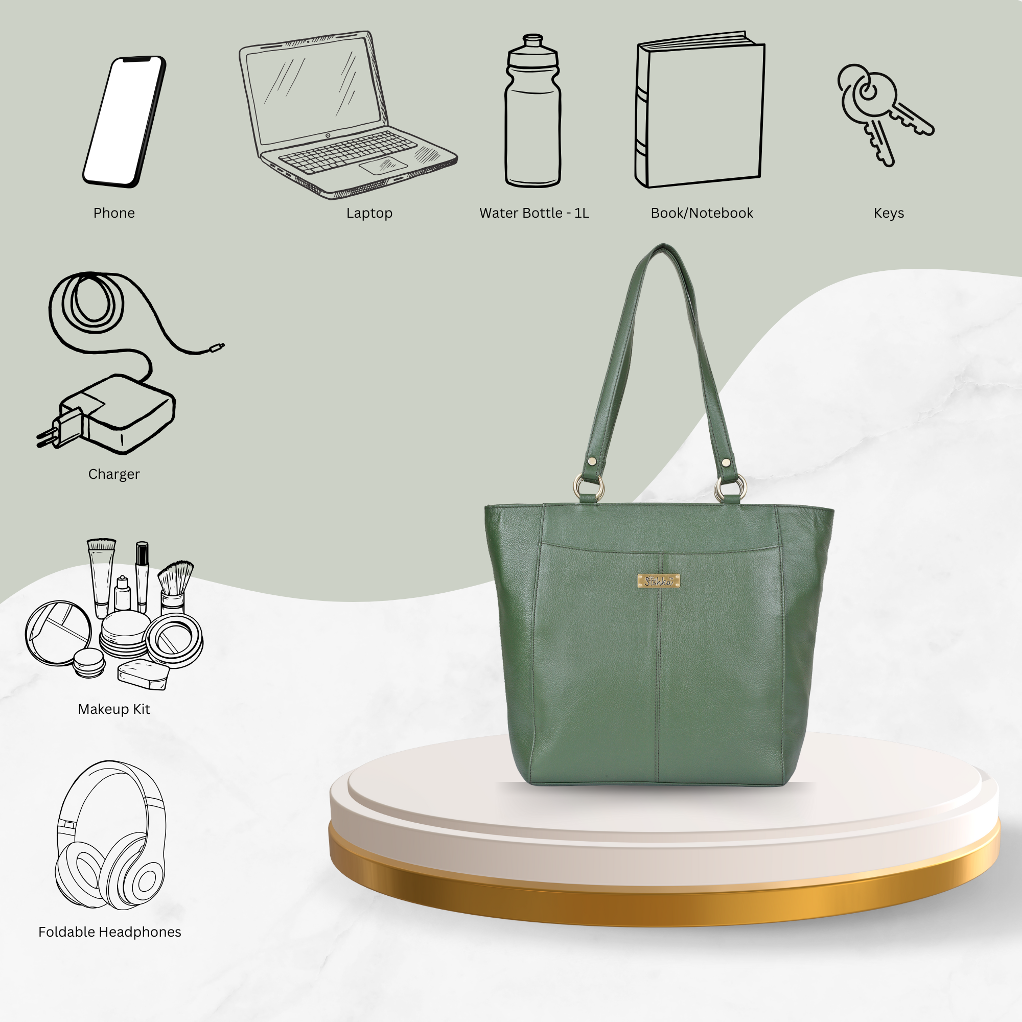 Olive Tote Bag for Women  | Sishka Elegant Genuine Leather Satchel, Stylish Top Handle Shoulder Handbag, Spacious Ladies Purse Perfect for Office, Parties, Trips & Daily Use (H 12" x W 15.25" x D 4.75")
