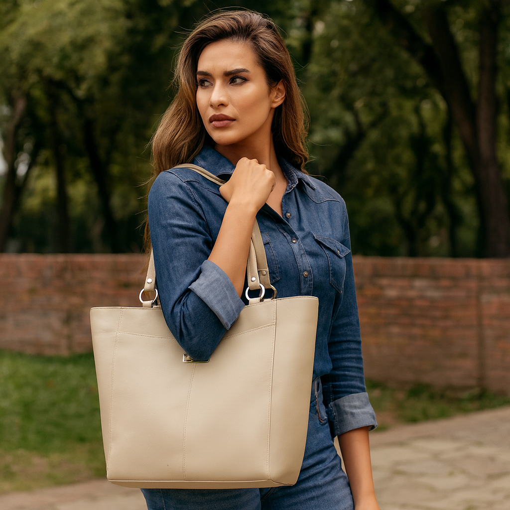 Sishka Taupe Tote Bag for Women – Stylish Genuine Leather Shoulder Handbag, Classic Top Handle Satchel, Spacious Ladies Purse Ideal for Work, Travel, Parties & Everyday Use (H 12" x W 15.25" x D 4.75").