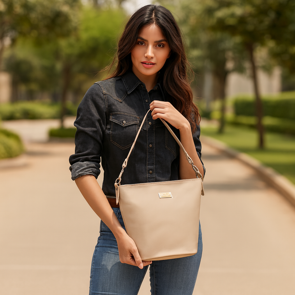 Sishka Taupe Genuine Leather Bucket Hobo Bag for Women – Elegant Shoulder Tote Purse, Chic Handbag, Spacious Satchel Perfect for Work, Parties, Casual Outings & Travel (H 9.87" x W 13" x D 5.25").