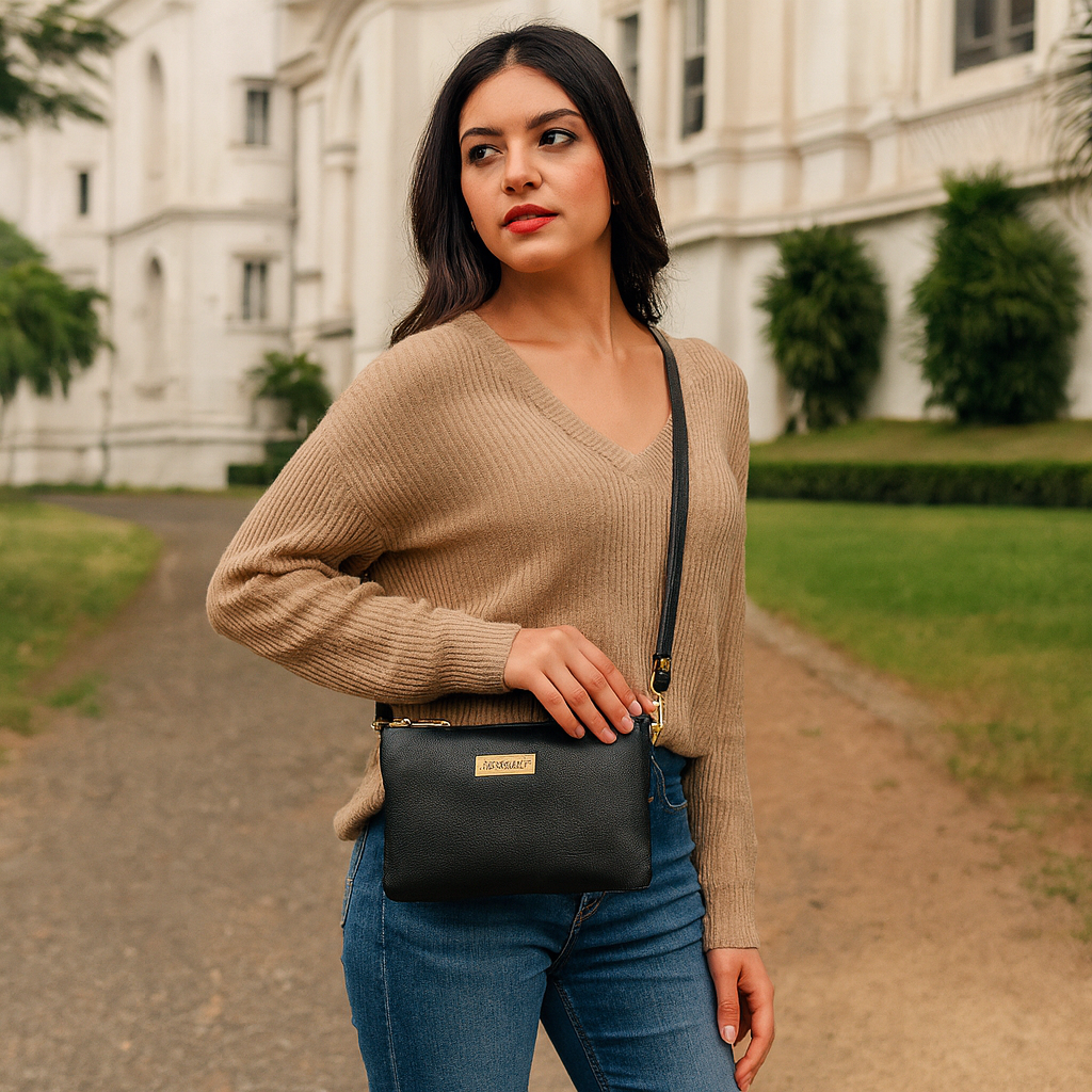 Sishka Black Genuine Leather Crossbody Organizer Bag for Women – Sleek Crossover Purse, Stylish Shoulder Handbag for Daily Use, Casual Trips, Outings & Parties (H 5.25" x W 8.37" x D 0.75").