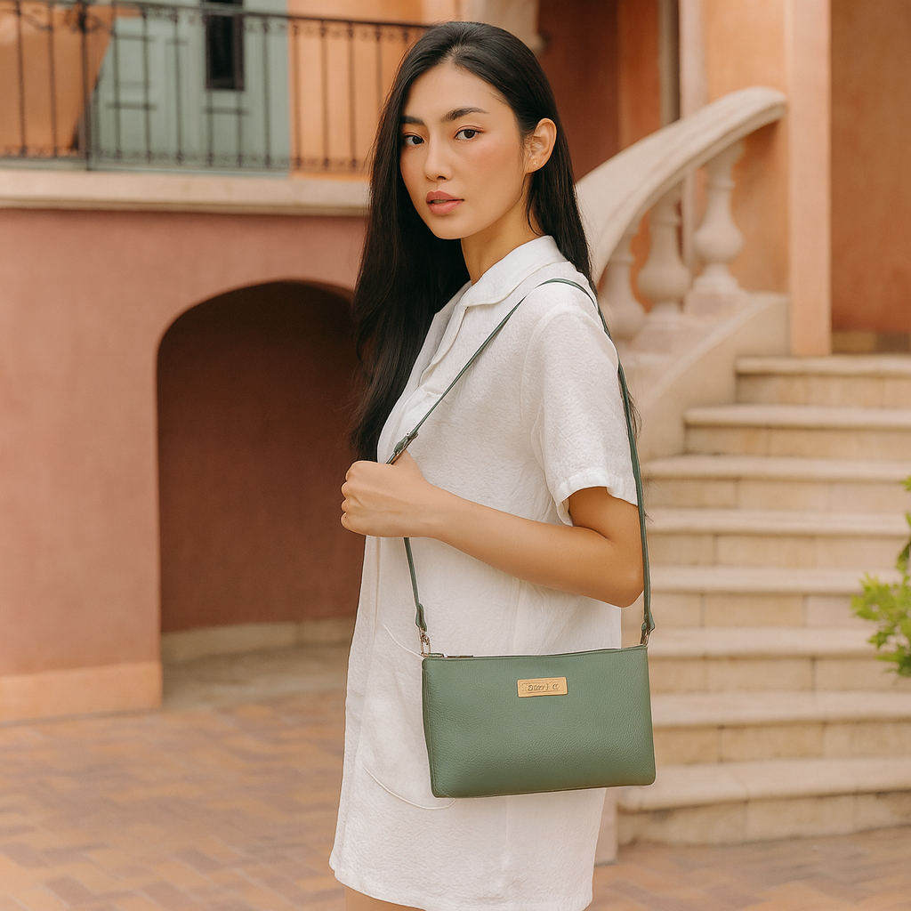 Sishka Olive Genuine Leather Crossover Shoulder Bag for Women – Sleek Crossbody Organizer Purse, Stylish Handbag for Daily Use (H 5.25" x W 8.37" x D 0.75").